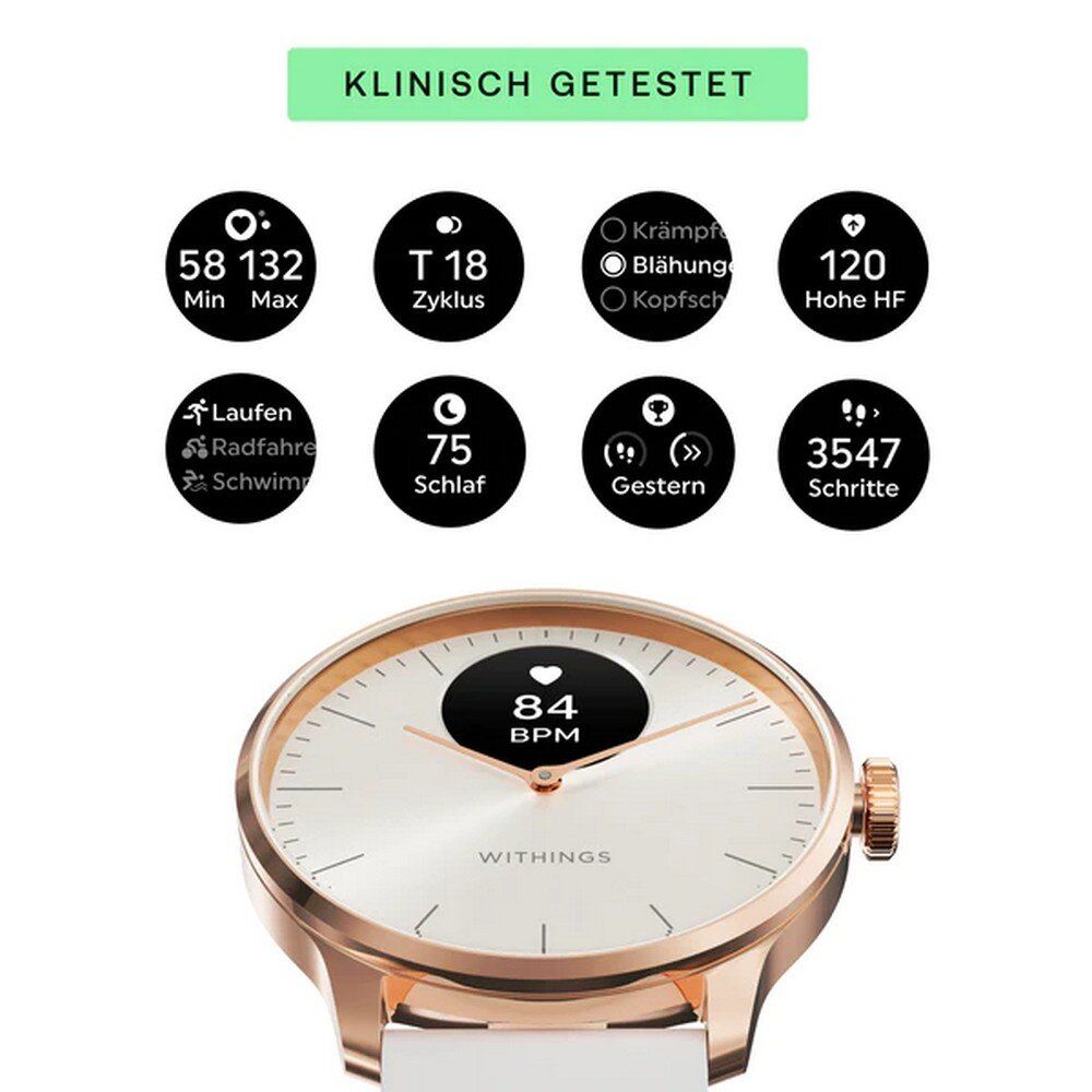 Smartwatch mit verschiedenen Gesundheitsdaten. Klinisch getestet. Marke: Withings. Roségoldenes Gehäuse.