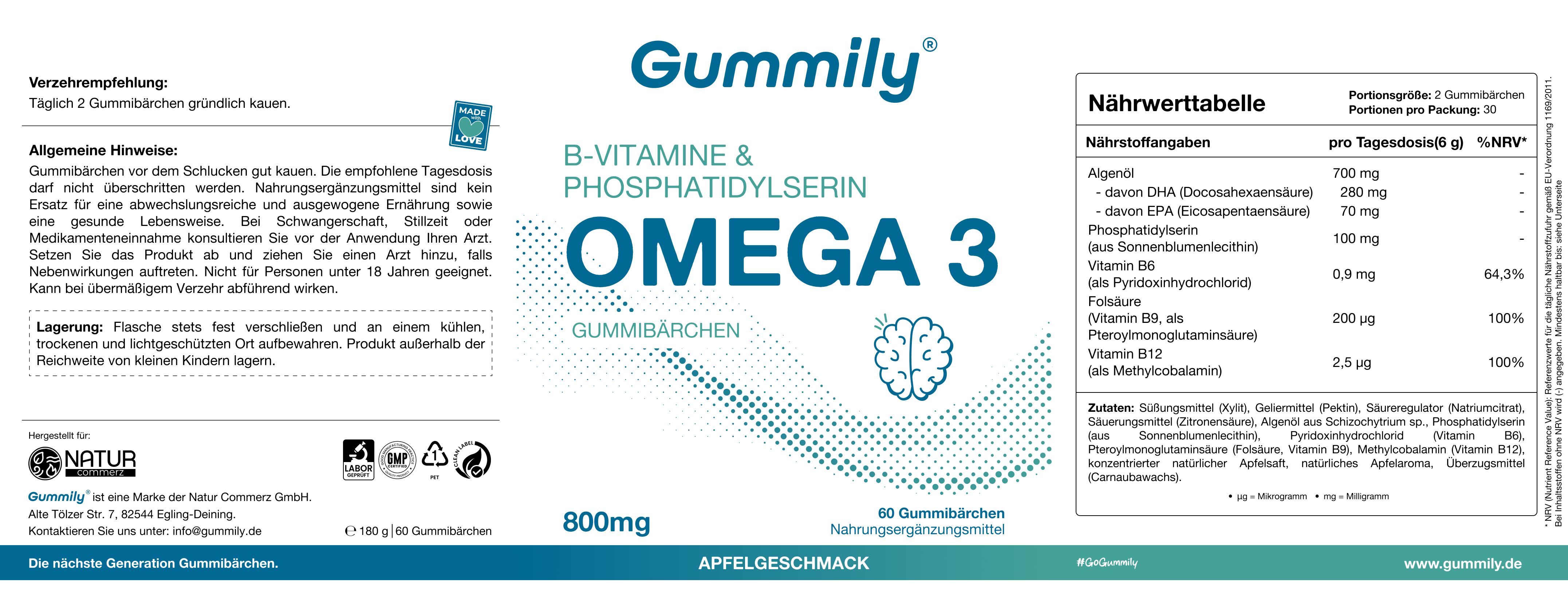 Etikett mit Nährwertangaben für Gummily Omega 3 Gummibärchen.