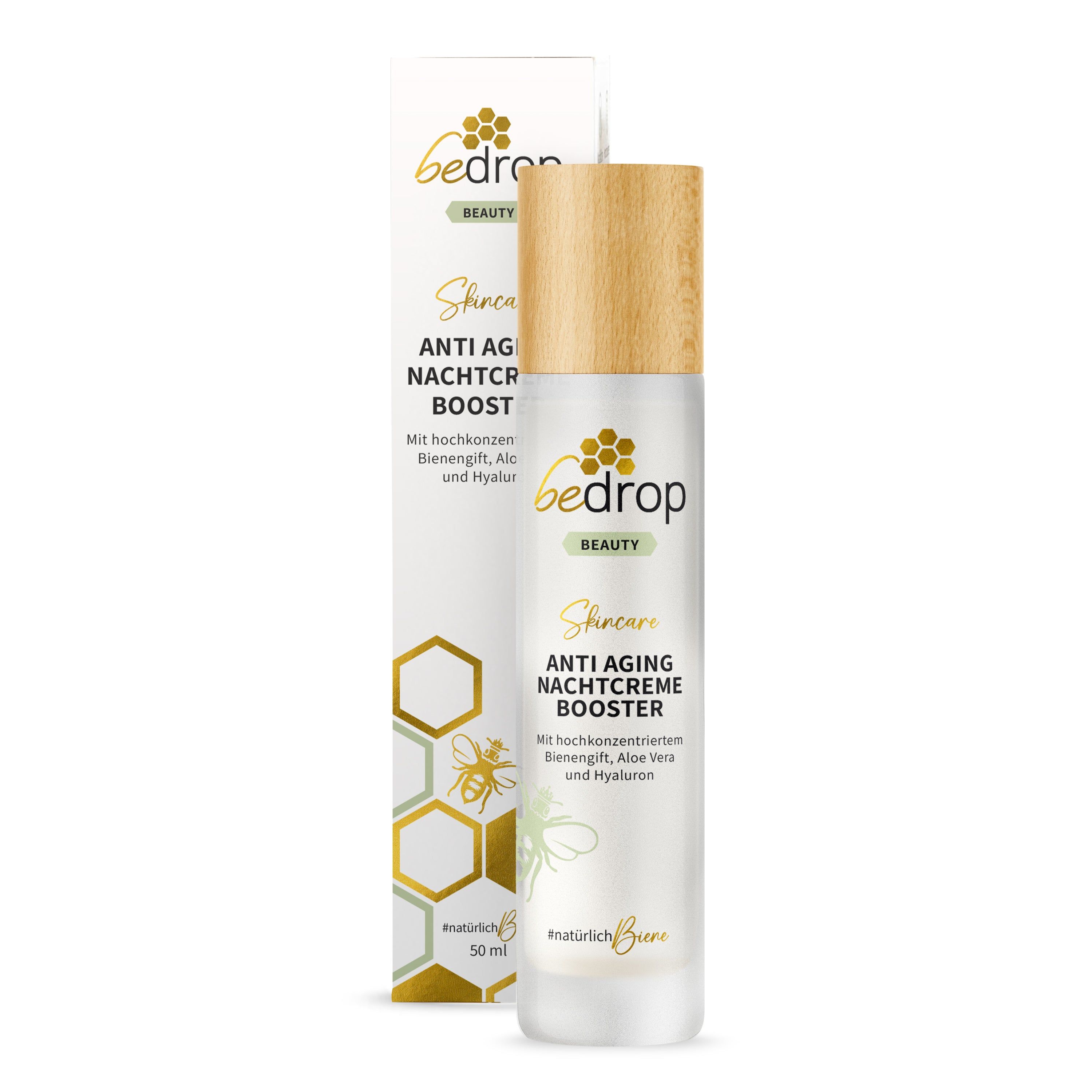 Creme-Flakon und Verpackung. Aufschrift: bedrop, Anti Aging Nachtcreme Booster. Mit Holzdeckel und Bienen-Logo.
