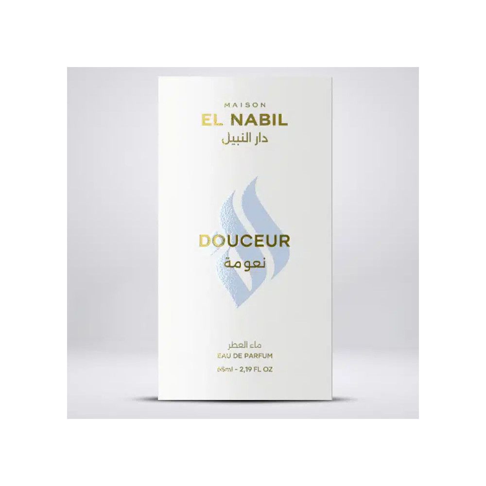 Weiße Parfümverpackung mit goldener Schrift und blauem Flammenmotiv. Enthält 'DOUCEUR' und arabische Schrift.