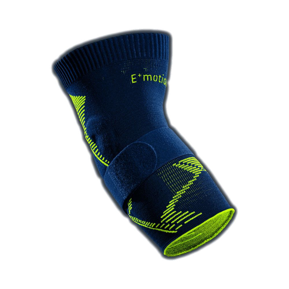 Blau-gelbe Ellenbogenbandage. E⁺motion Schriftzug. Klettverschluss. Sportbandage.