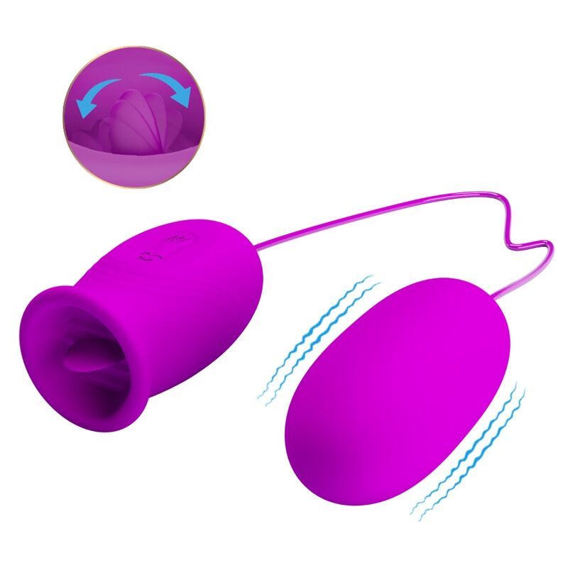 Magenta-farbener Vibrator mit einer Öffnung und einem ovalen Vibrator, verbunden durch ein Kabel. Pfeile zeigen Bewegung.