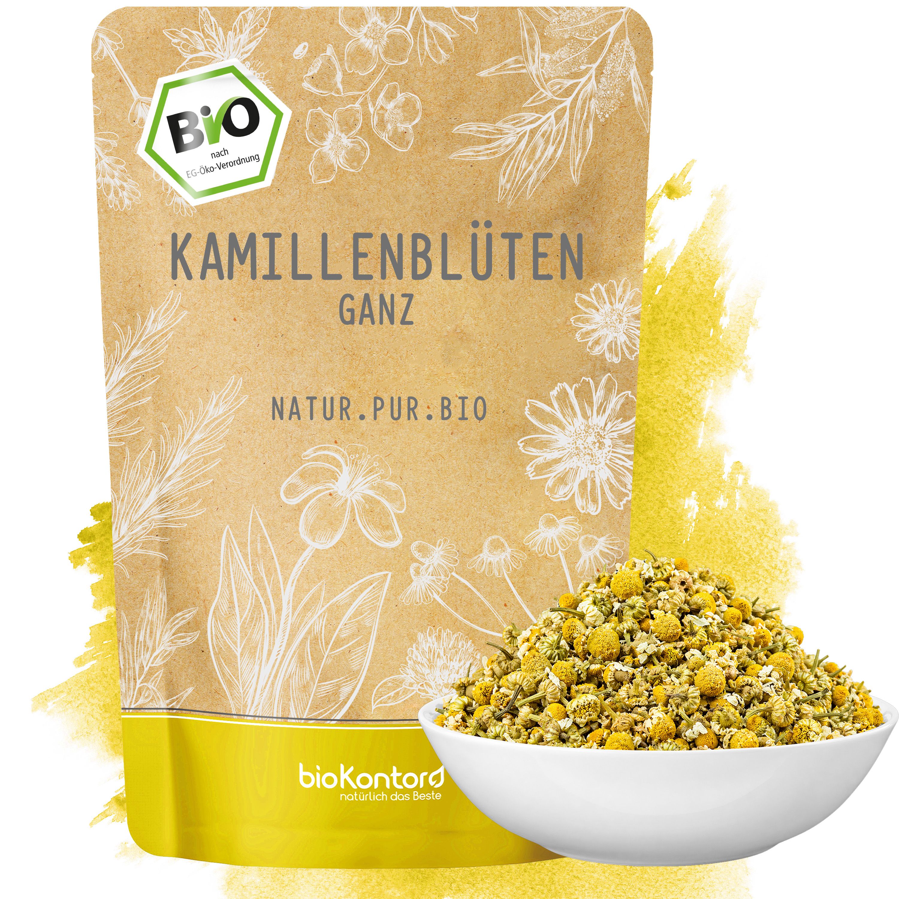 Verpackung mit Bio-Hibiskusblüten, 100% Bio, ganze Blüten, säuerlich-fruchtig, sorgfältig ausgewählt.