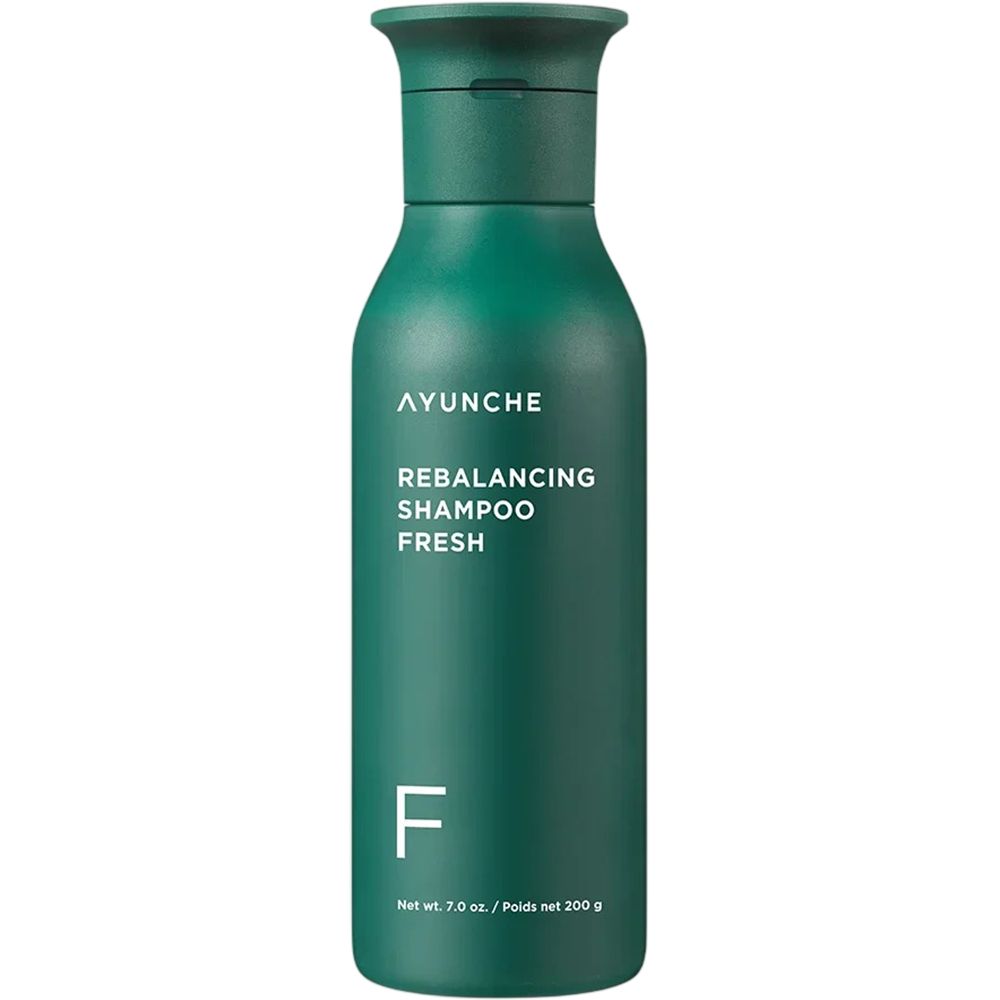 Grüne Flasche mit AYUNCHE Rebalancing Shampoo Fresh. Weißer Text auf der Flasche. F-Symbol unten.