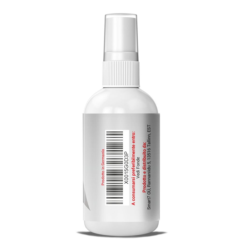 Flacone spray bianco con codice a barre e testo. Prodotto in Germania.