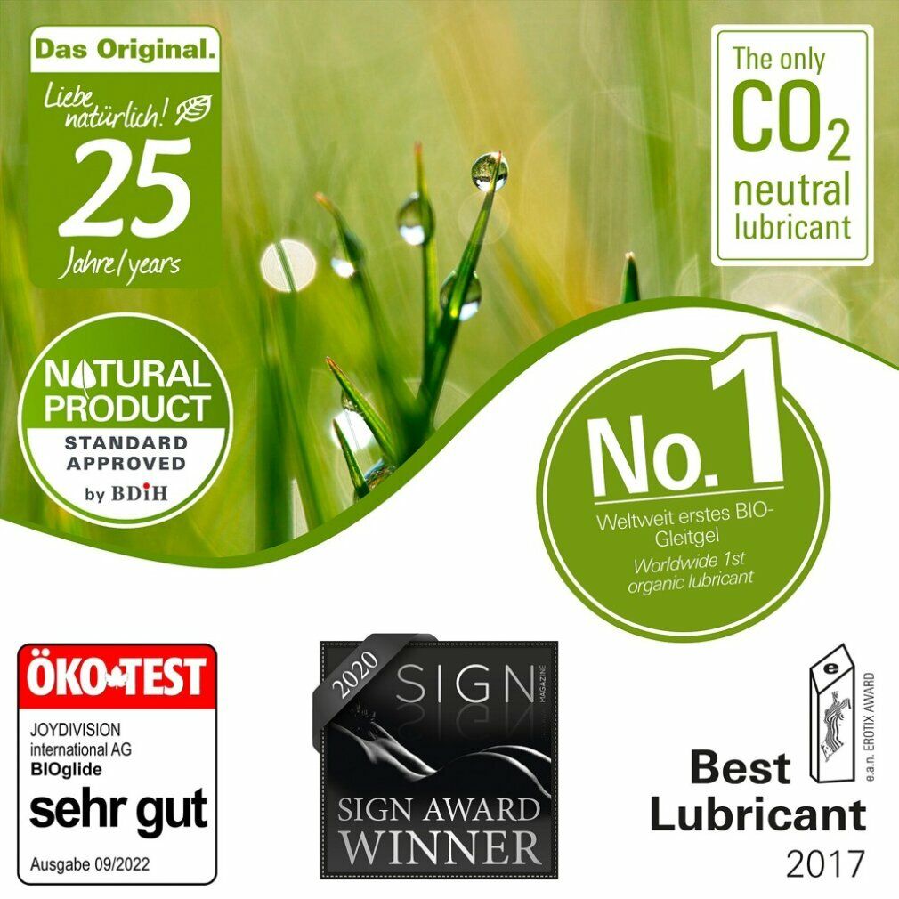 BIOglide®-Logo und Auszeichnungen. „Nr. 1“, „Best Lubricant 2017“, „ÖKO-TEST sehr gut“, „SIGN AWARD WINNER 2020“. CO2-neutral.