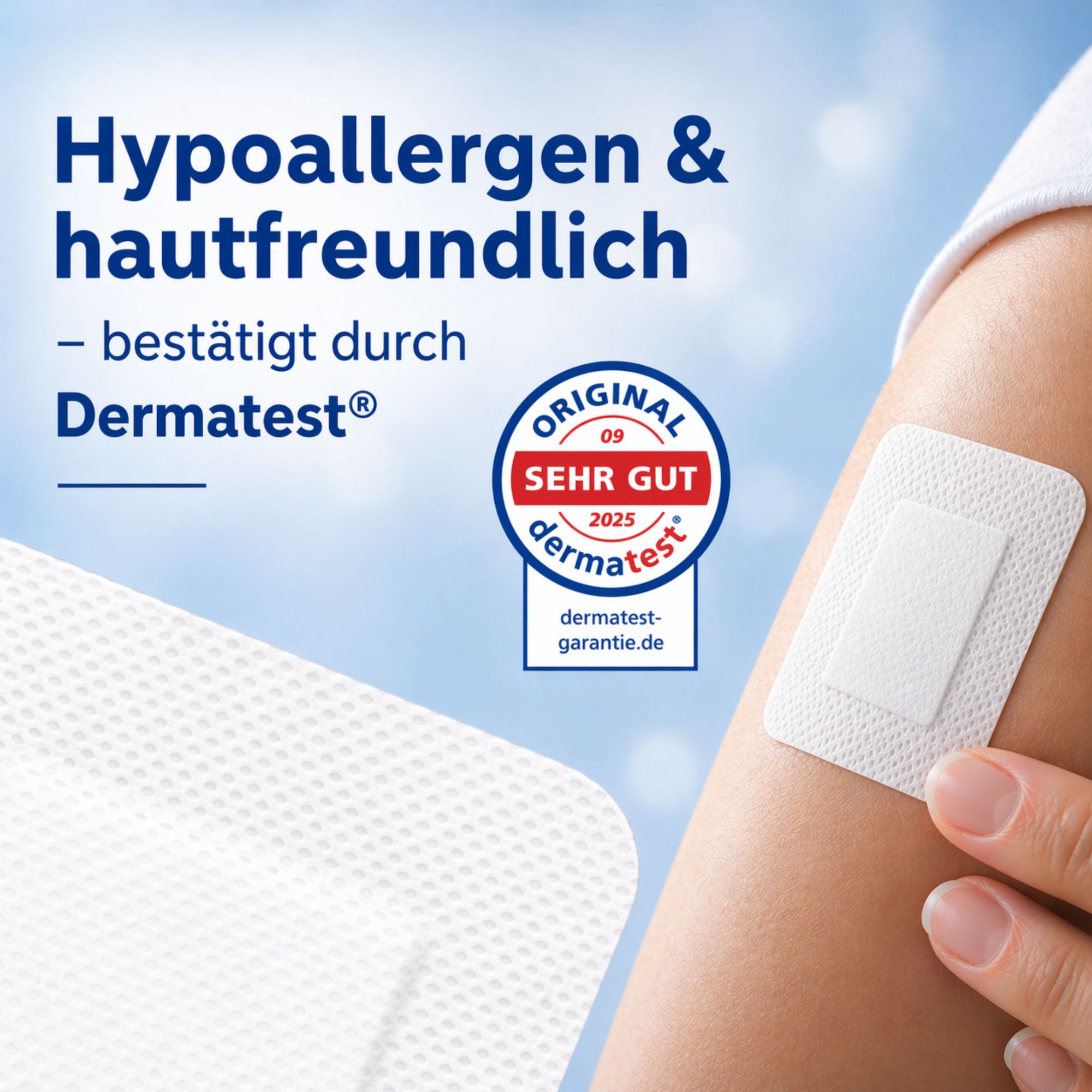 Steriles Wundpflaster mit Dermatest-Siegel 'Sehr Gut' für hypoallergene und hautfreundliche Eigenschaften.