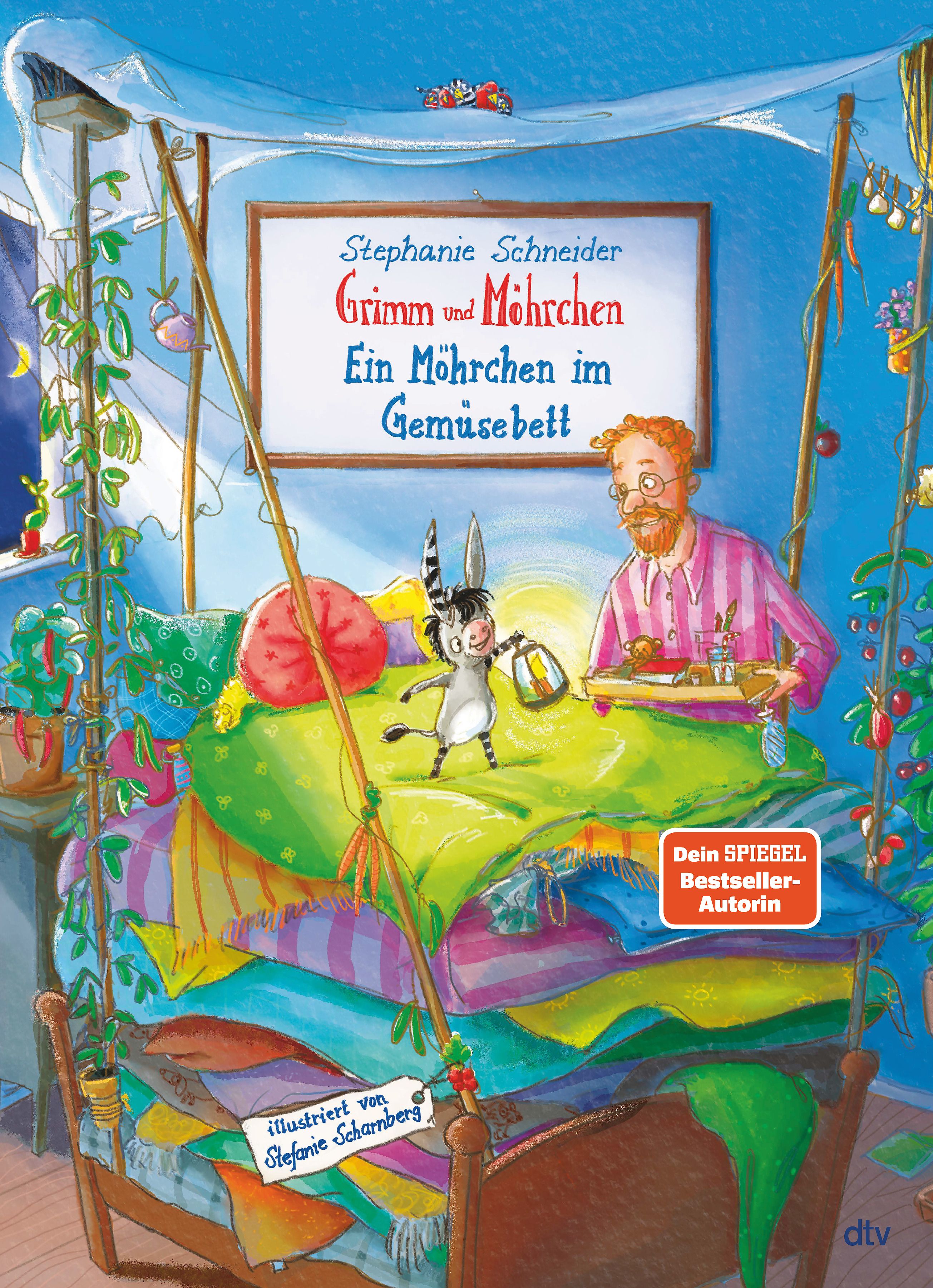Buchcover: „Grimm und Möhrchen – Ein Möhrchen im Gemüsebett“. Illustration mit Bett, Figuren und Text. Autorin: Stephanie Schneider.