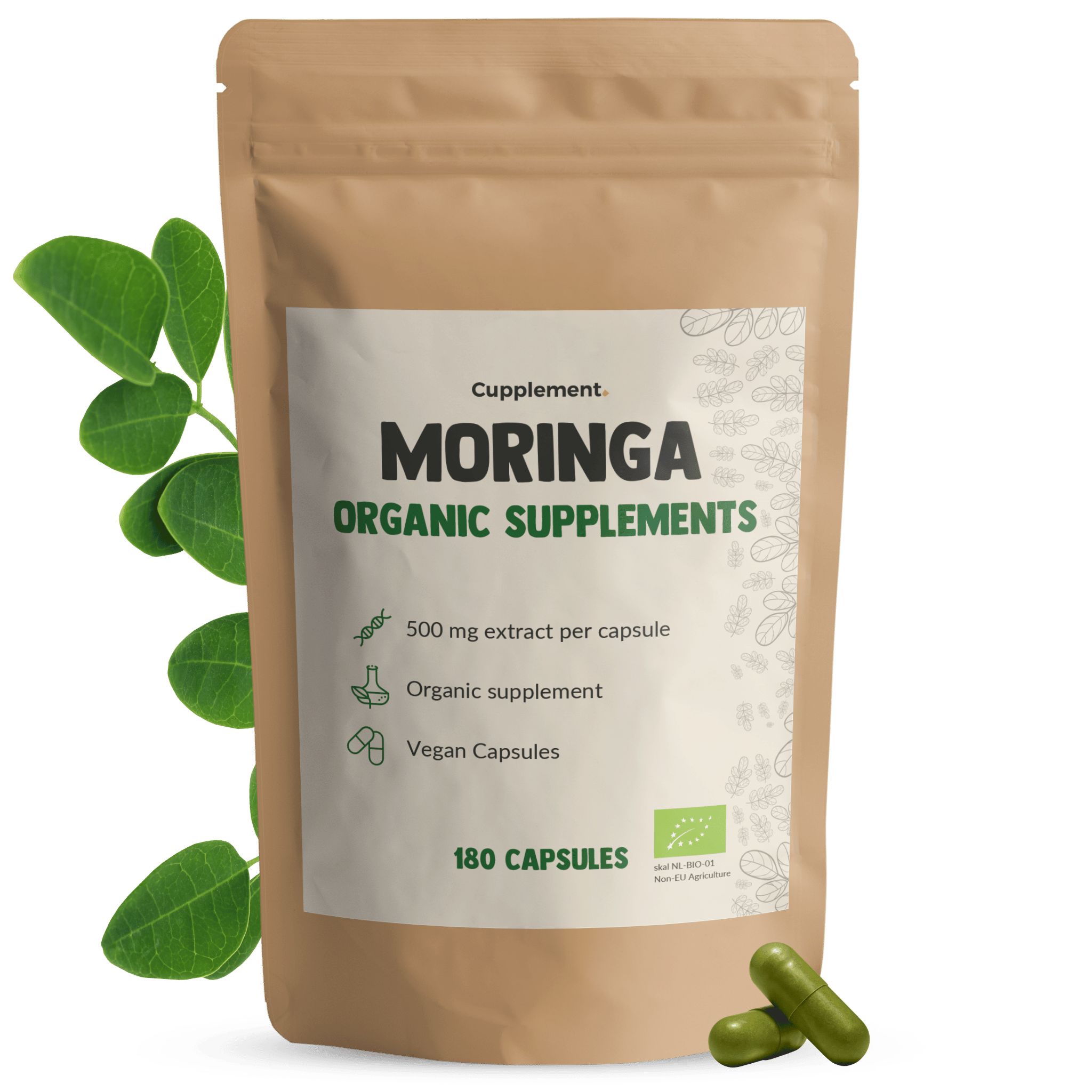 Beutel mit Moringa-Kapseln. Aufschrift: Moringa Organic Supplements, 500 mg Extrakt pro Kapsel, Bio-Zertifizierung, 180 Kapseln.