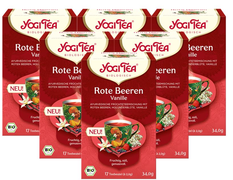 Mehrere Packungen Yogi Tea Rote Beeren Vanille. Rote Verpackung mit Logo und Produktbezeichnung. Aufdruck: 17 Teebeutel, Bio.