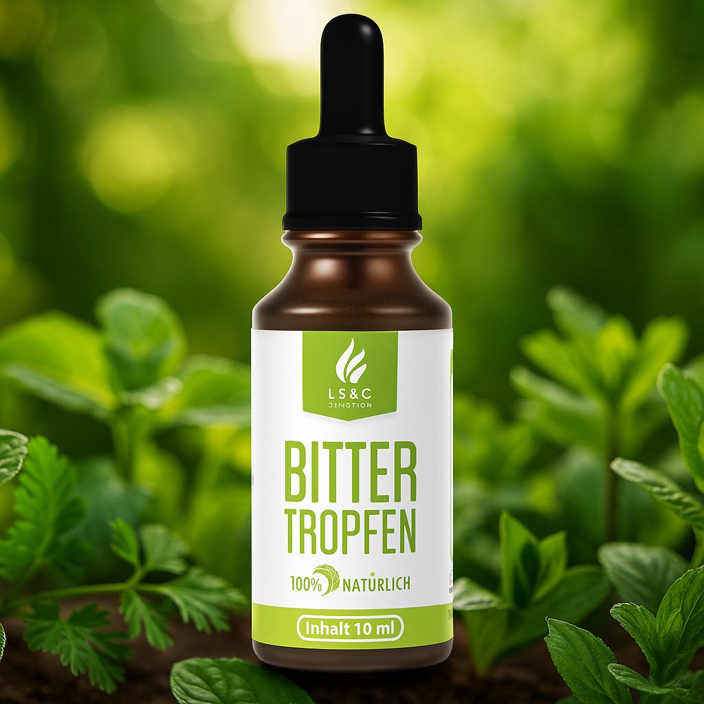 Braune Glasflasche mit schwarzem Tropfer, vor grünem Hintergrund. Weißes Etikett mit grünem Logo und Schriftzug: Bitter Tropfen. 100% natürlich.