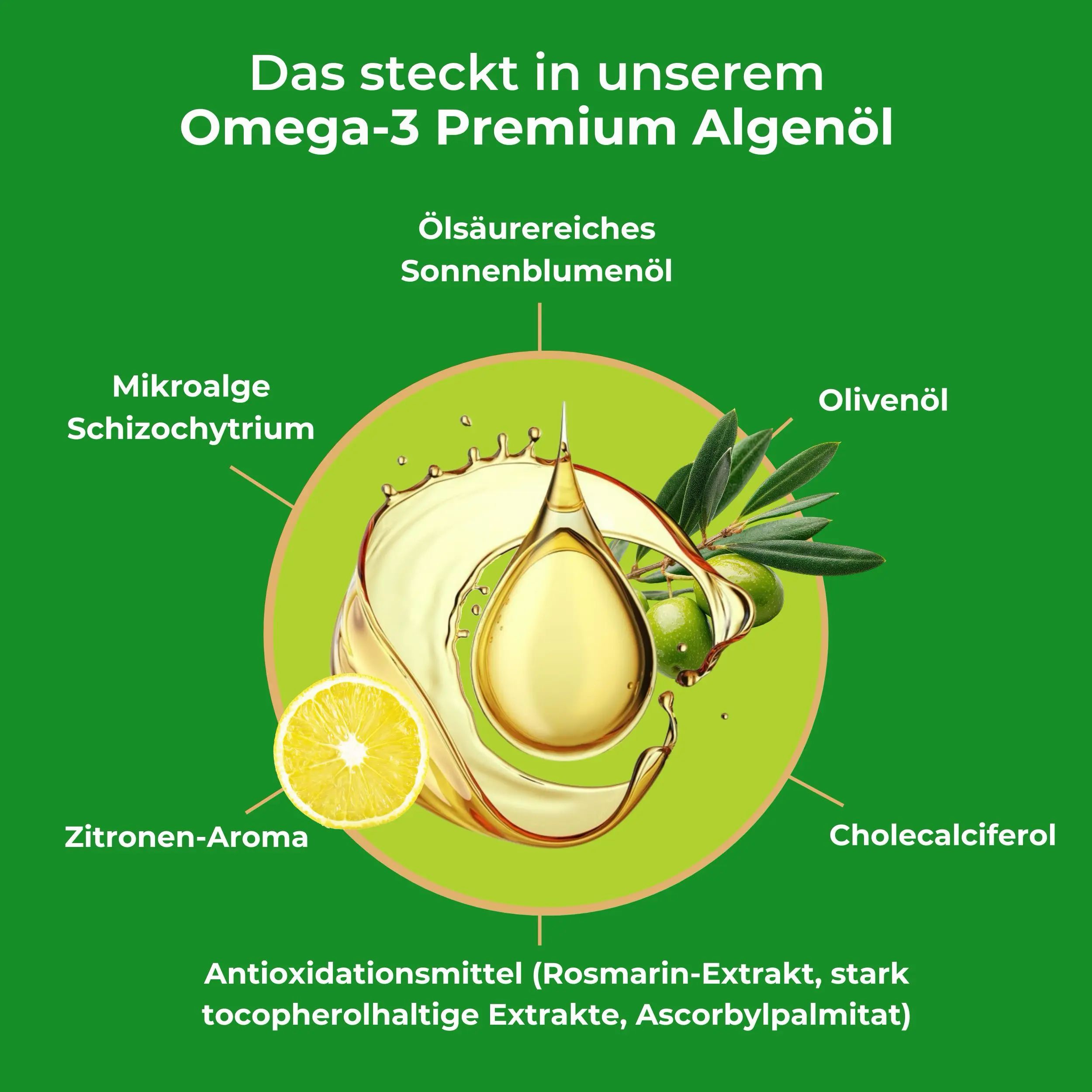 Grafik zeigt Inhaltsstoffe von Viktilabs Omega-3 Algenöl: Mikroalge, Zitrone, Olive, Sonnenblume.