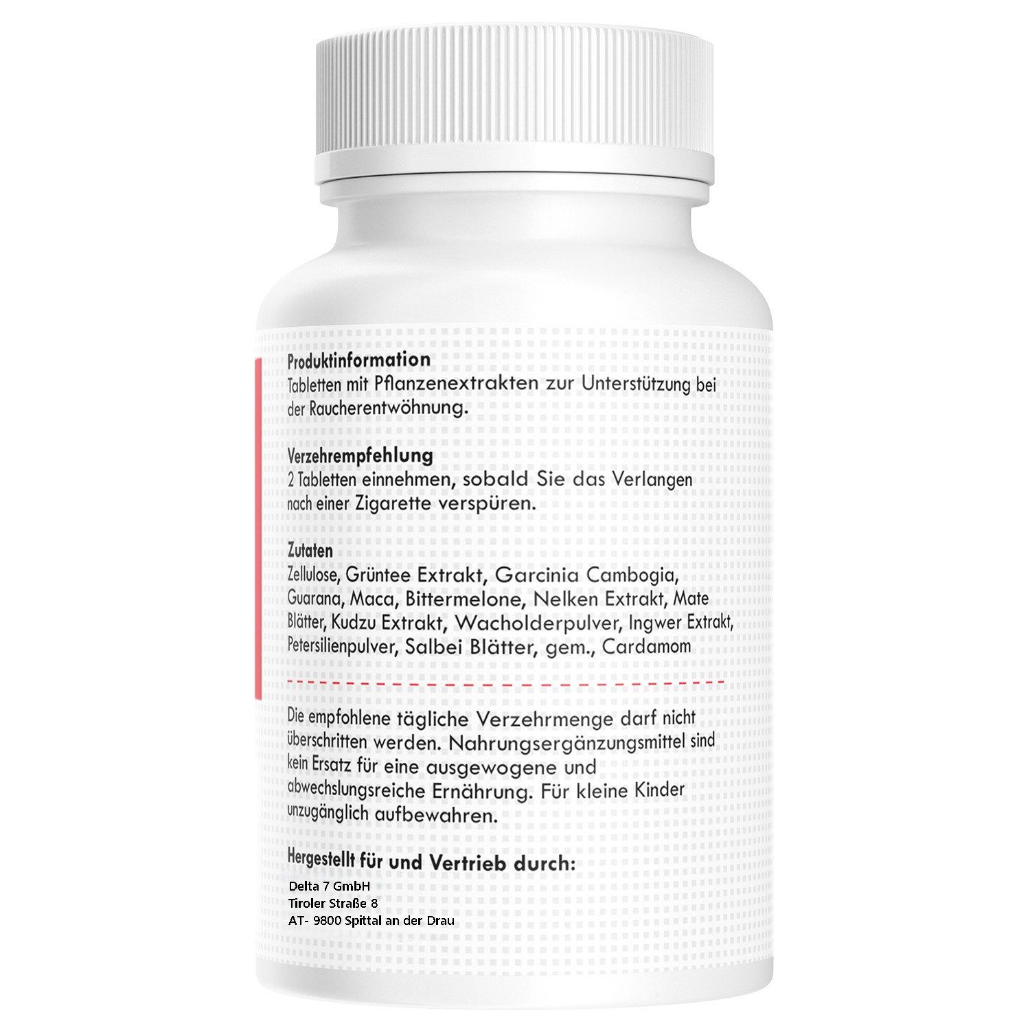 Rückseite der weißen Tablettenflasche. Text: Produktinformationen, Verzehrempfehlung, Zutaten, Herstellerinformationen.