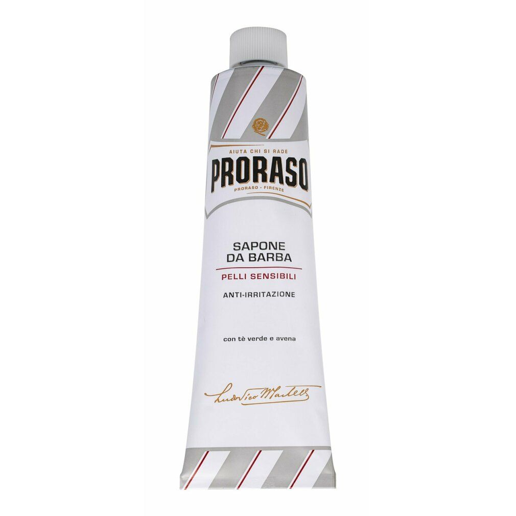Proraso Rasiercreme Tube mit grau-silbernem Streifenmuster.