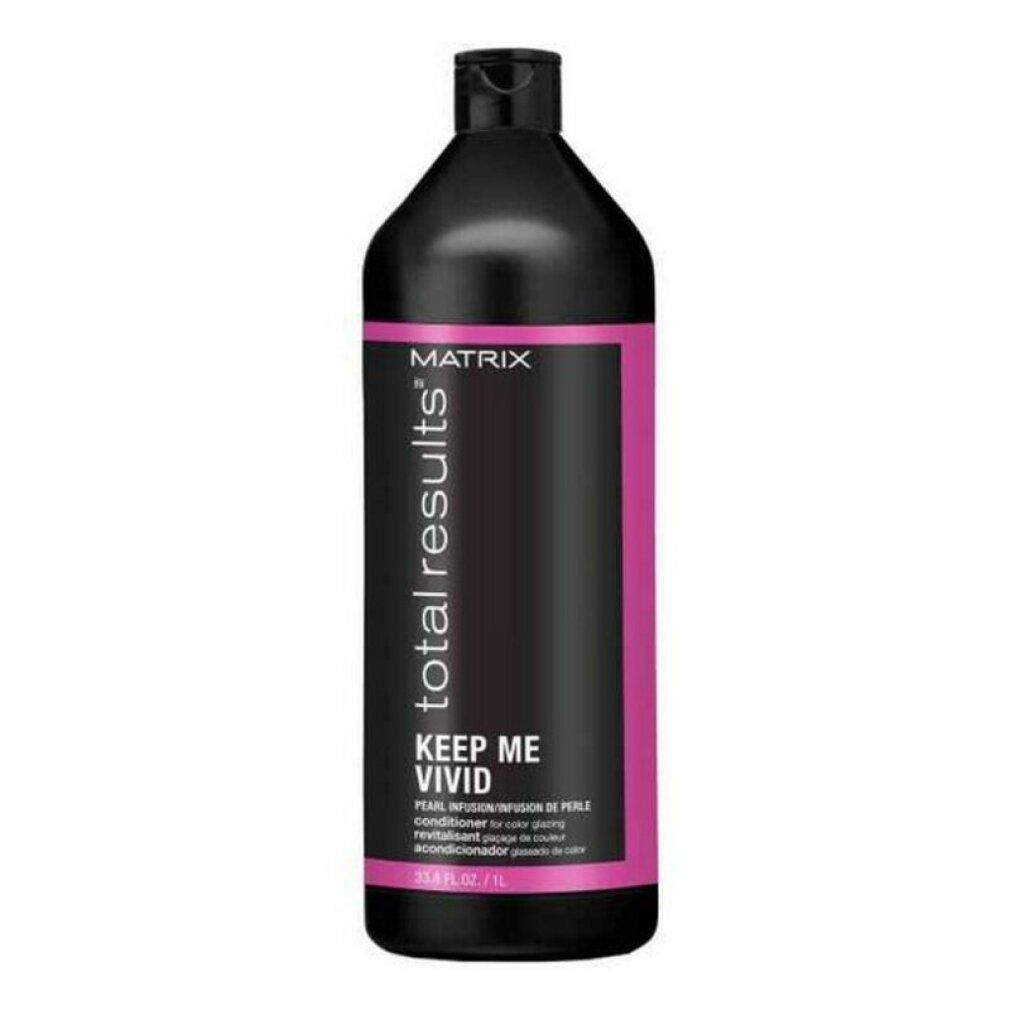 Schwarze Flasche mit rosa Etikett. Aufschrift: MATRIX total results KEEP ME VIVID. Conditioner für coloriertes Haar.