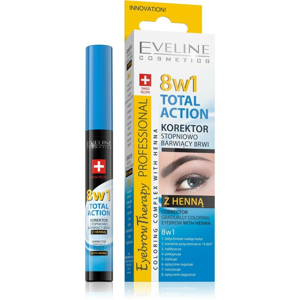 Kosmetikprodukt mit Verpackung. Blau-weißes Produkt. Schwarze Schrift: 8in1 Total Action. Rotes Kreuz. Verpackung mit Text und Augenbrauen.