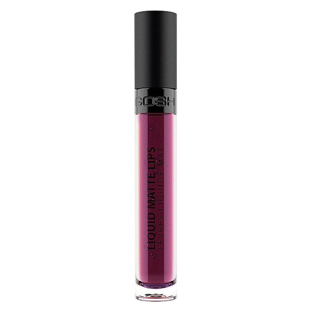 Gosh Liquid Matte Lips, flüssiger Lippenstift. Fläschchen mit schwarzem Deckel. Dunkelrote Farbe.