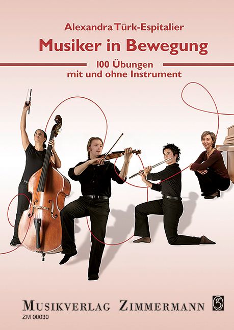 Buchcover: "Musiker in Bewegung". Titel und Autor. Abbildung von Musikern mit Instrumenten. Verlag: Musikverlag Zimmermann.