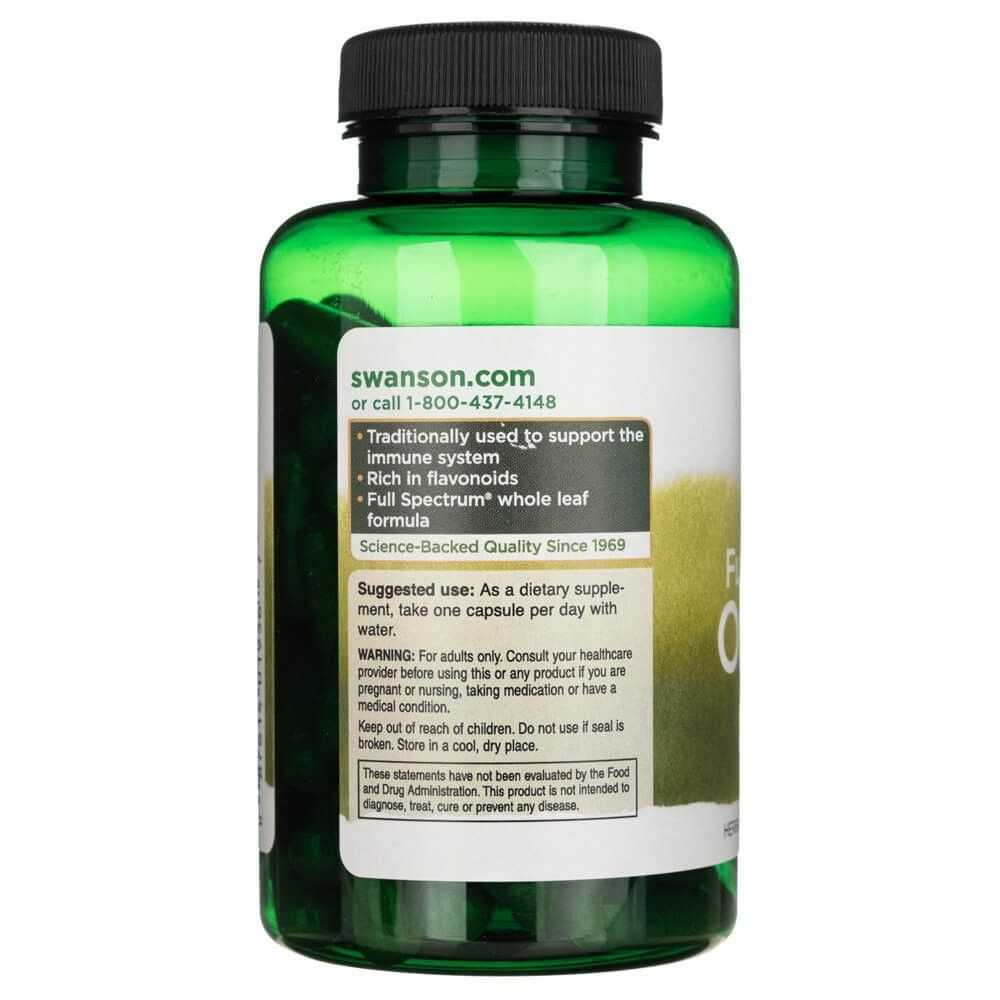 Rückseite einer grünen Flasche mit Swanson Oregano, 450 mg, und Anwendungshinweisen.