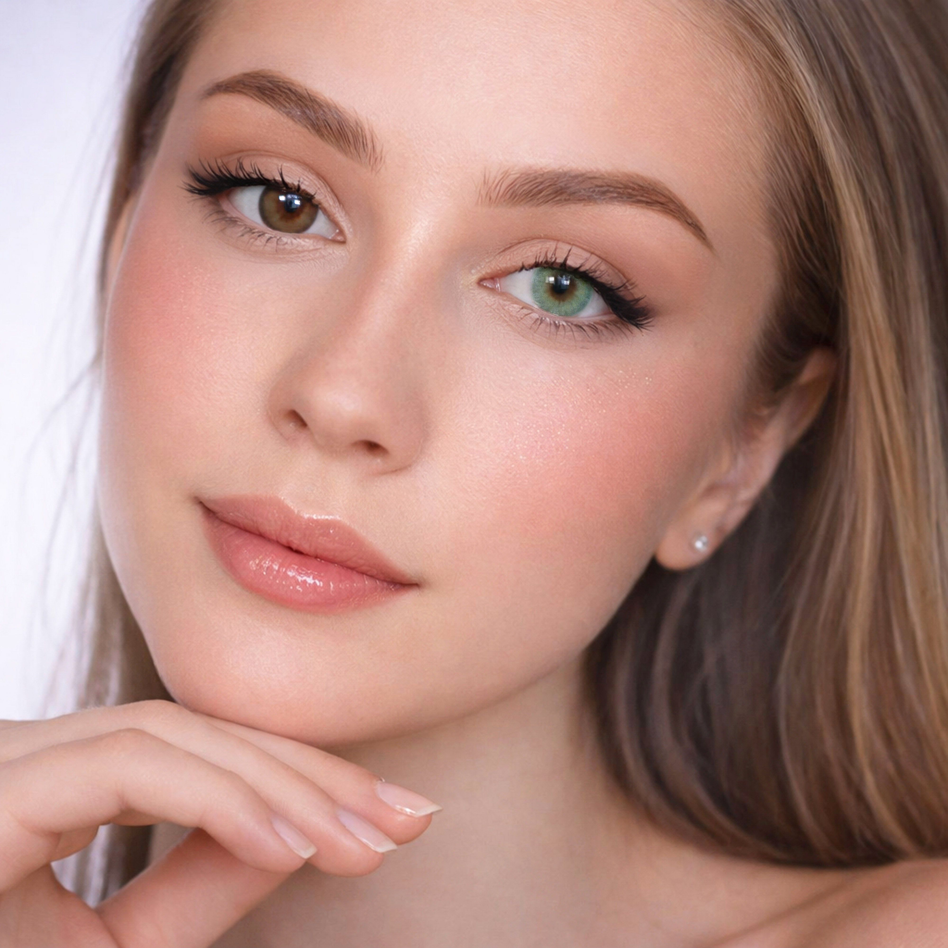 Porträt einer Frau mit einem Auge mit brauner und einem Auge mit lindgrüner Kontaktlinse.