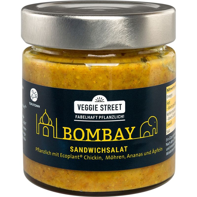 Glas mit Sandwichsalat. Aufschrift: Veggie Street, Bombay Sandwichsalat. Enthält Ecoplant Chickin, Möhren, Ananas und Äpfel.