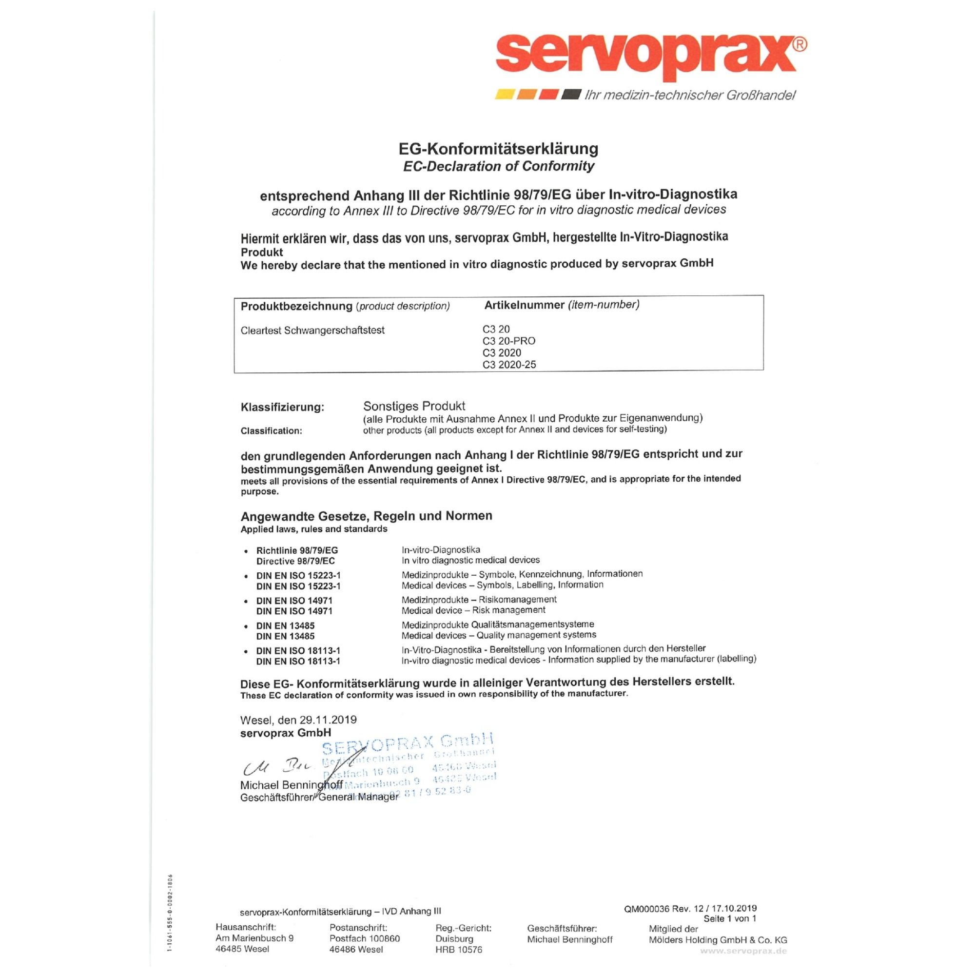 EG-Konformitätserklärung. Hersteller: servoprax GmbH. Produkt: C3 70, C3-PRO, C3 2020-25. In-vitro-Diagnostikum.