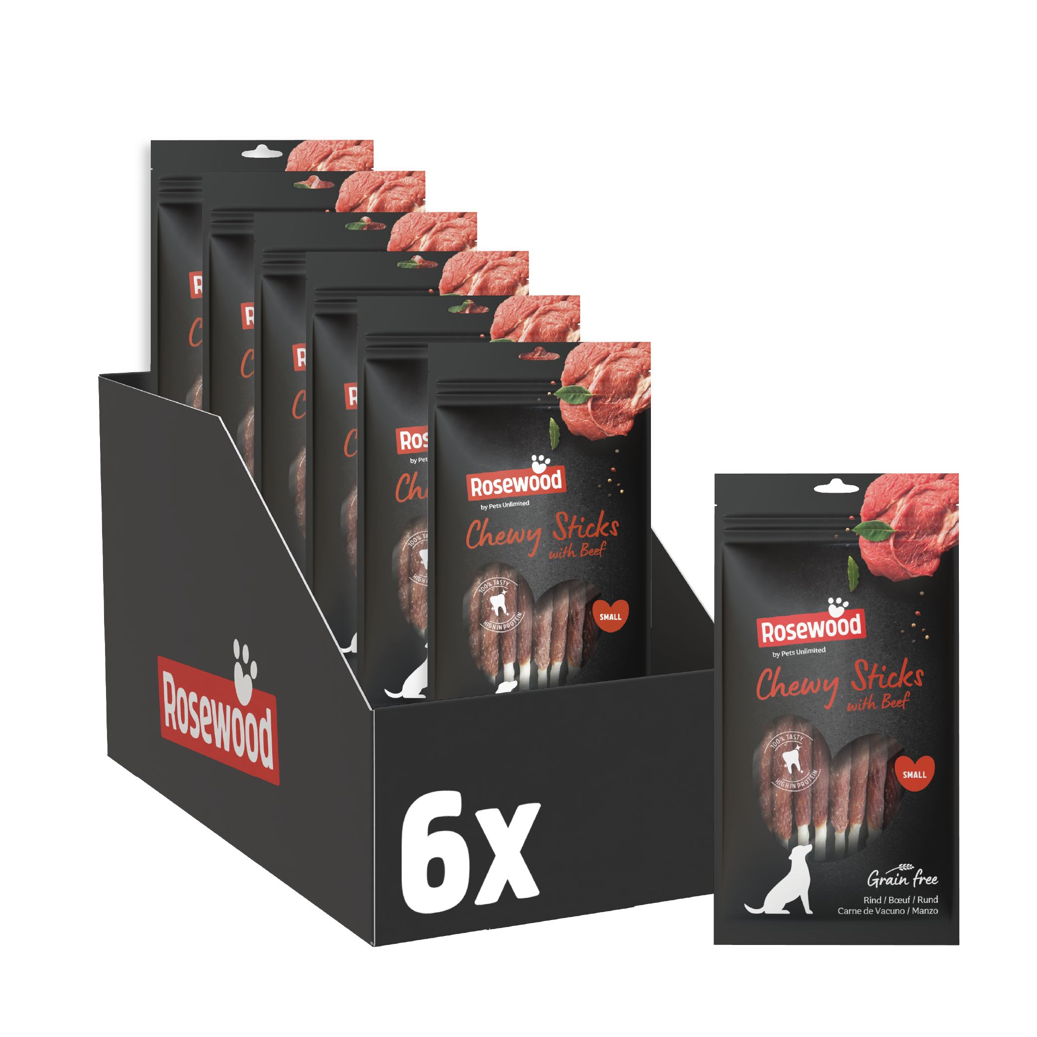 Schwarzer Karton mit sechs Beuteln. Jeder Beutel enthält Kaustangen mit Rindfleisch. Aufdruck: Rosewood Chewy Sticks, Grain Free.