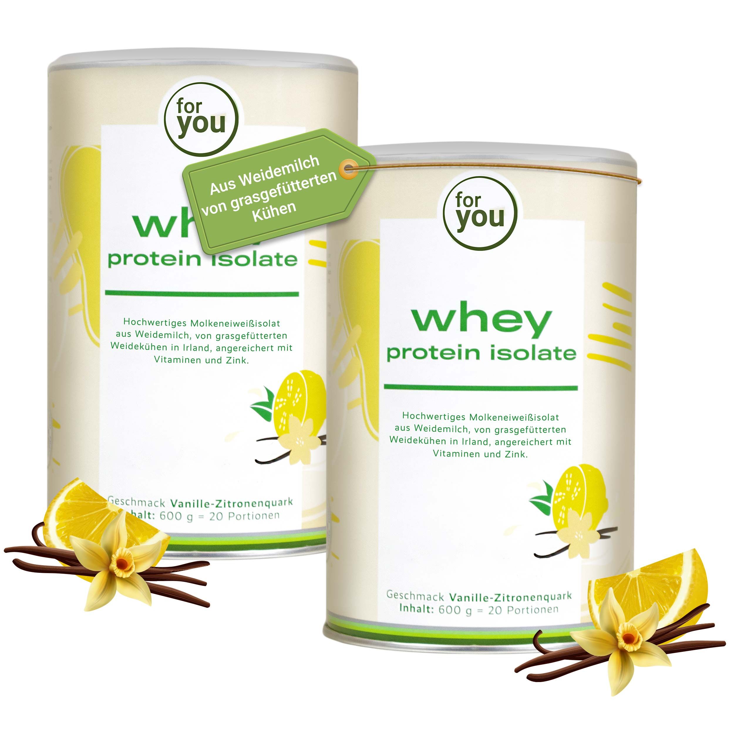 Zwei Dosen "whey protein isolate" mit Vanille-Zitronenquark-Geschmack. 600g, 20 Portionen.