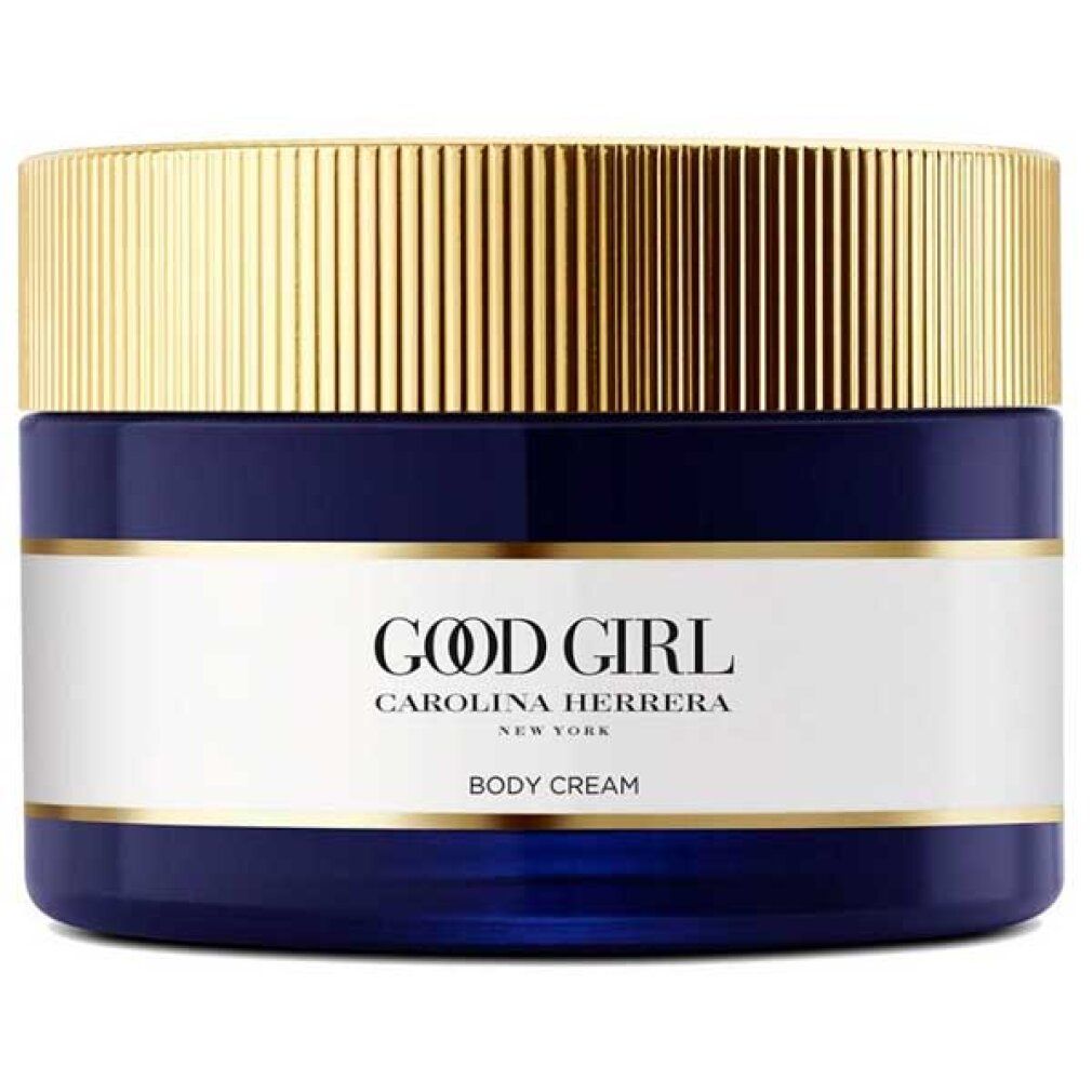 Dunkelblauer Tiegel mit goldfarbenem Deckel, "Good Girl Body Cream" Aufschrift.