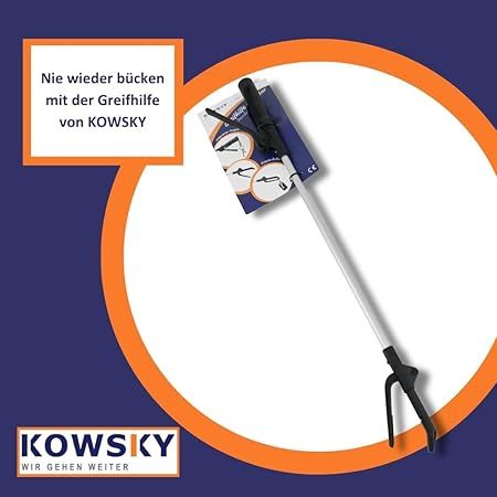 Greifhilfe mit Verpackung. Text: Nie wieder bücken mit der Greifhilfe von KOWSKY. Logo KOWSKY.