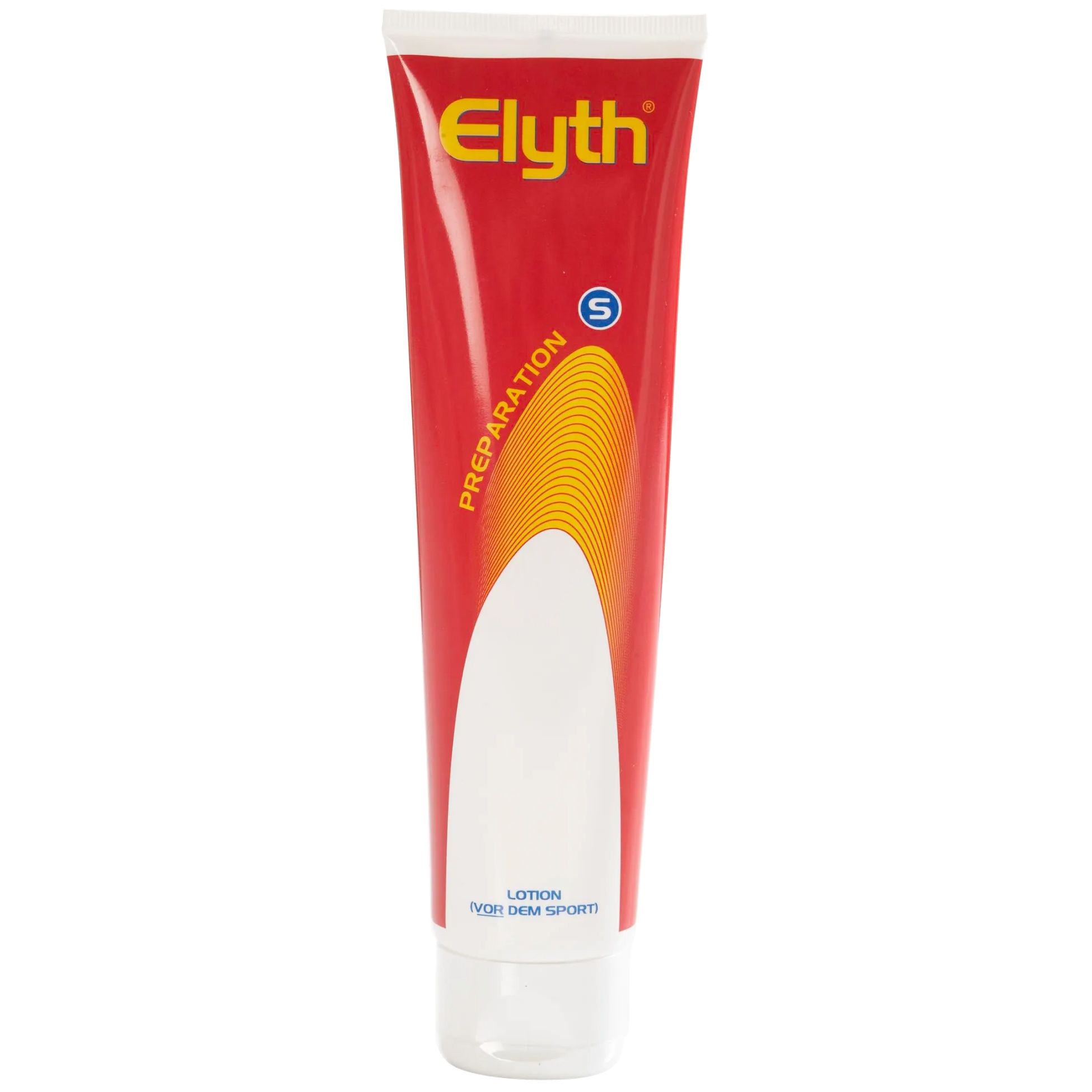 Rote Tube mit weißem Verschluss. Aufschrift "Elyth" und "Preparation". Unterhalb "Lotion".