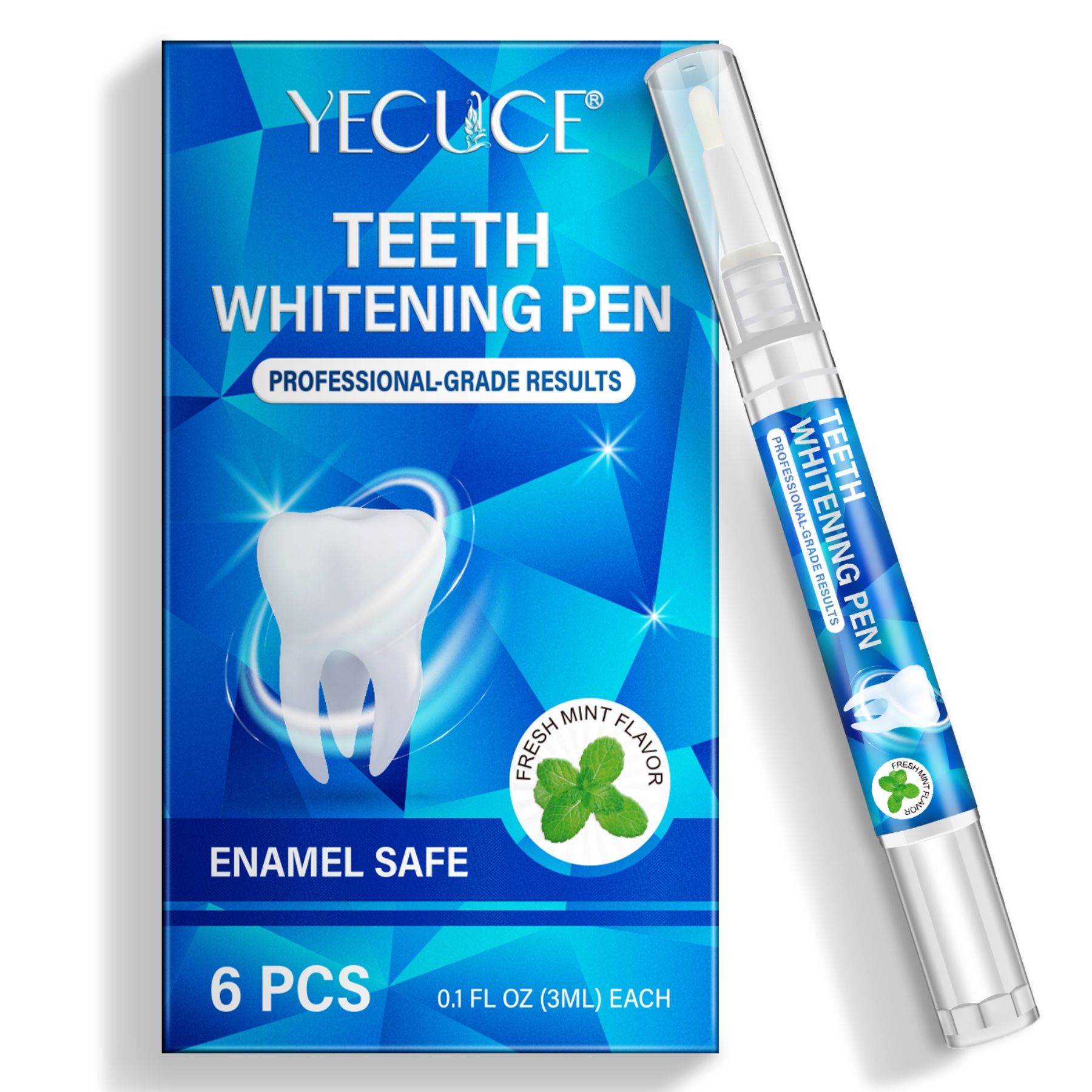 Blau-weiße Verpackung mit Zahnaufhellungsstift und 6 Stiften. Enthält Text: Teeth Whitening Pen, Enamel Safe, 0.1 fl oz (3ml) each.