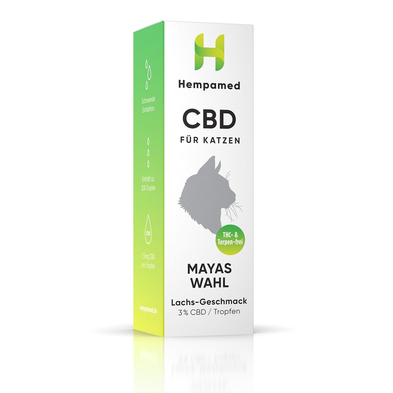 Produktverpackung mit Logo, Text und Katze-Silhouette. Grün-weiße Farbgebung. Text: MAYAS WAHL, Lachs-Geschmack, 3% CBD / Tropfen.