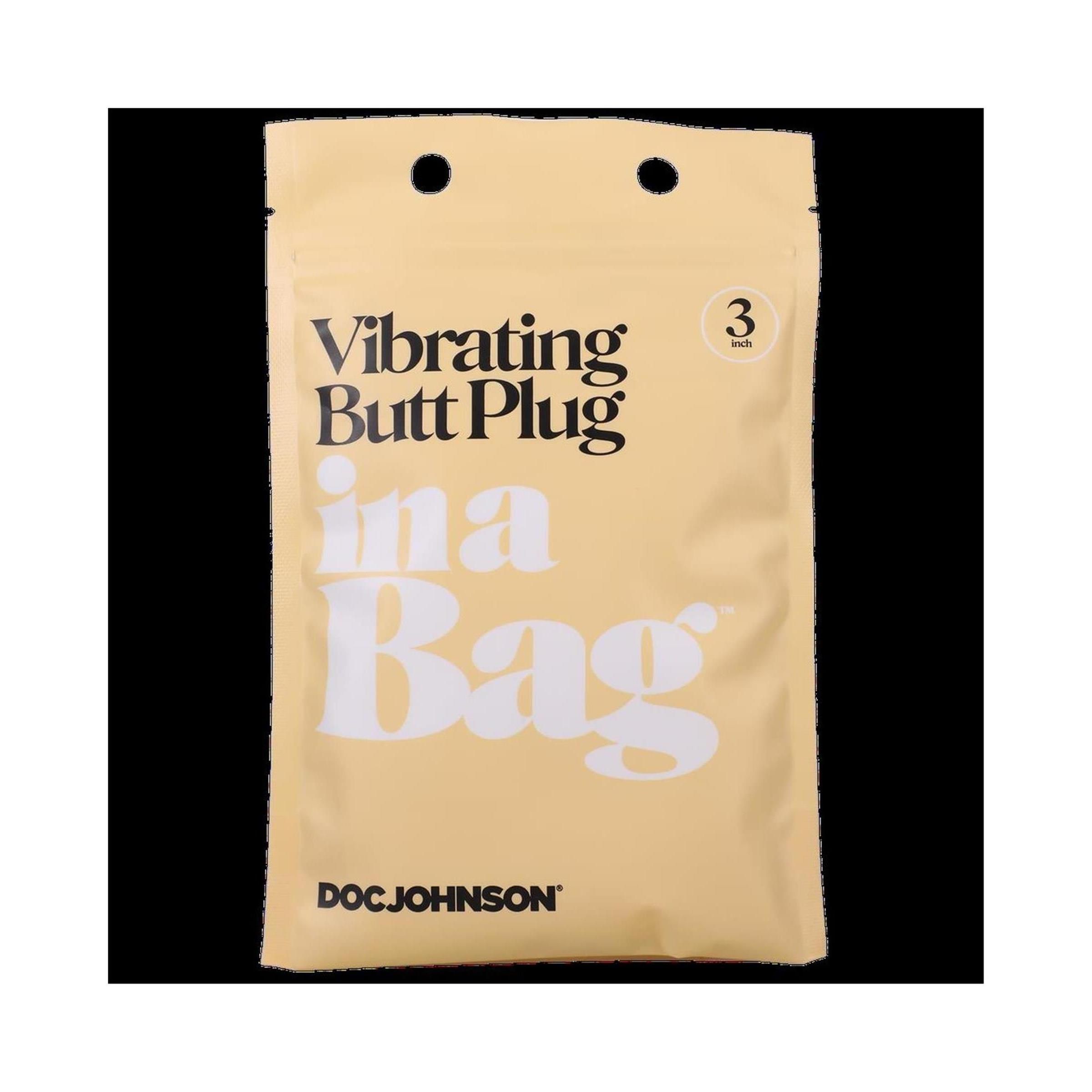 Beige Verpackung mit Aufschrift "Vibrating Butt Plug in a Bag" und "DOC JOHNSON".