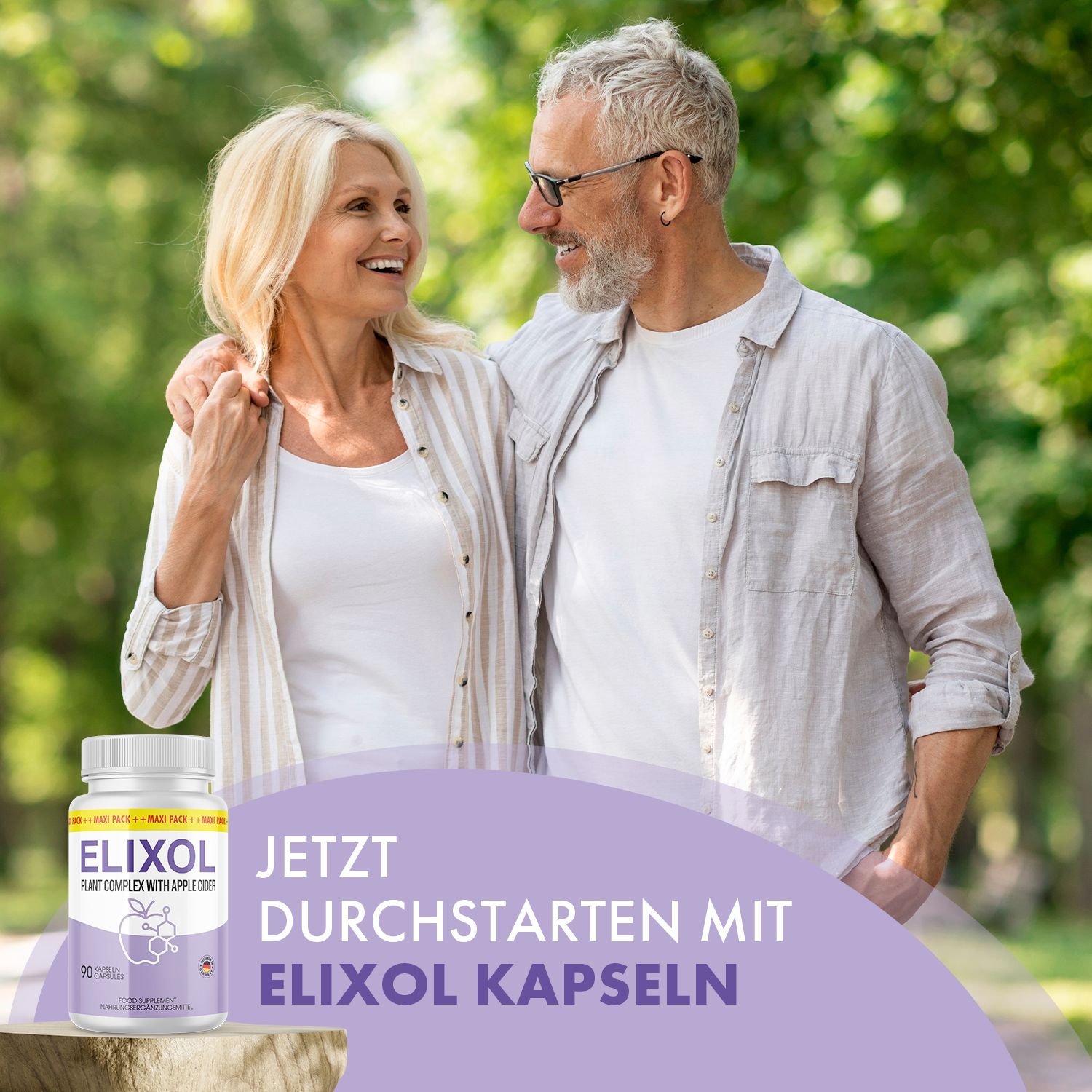 Älteres Paar geht im Park. Flasche Elixol Kapseln im Vordergrund. Lila Etikett mit Apfel-Grafik. 90 Kapseln. Text: "Plant Complex with Apple Cider".