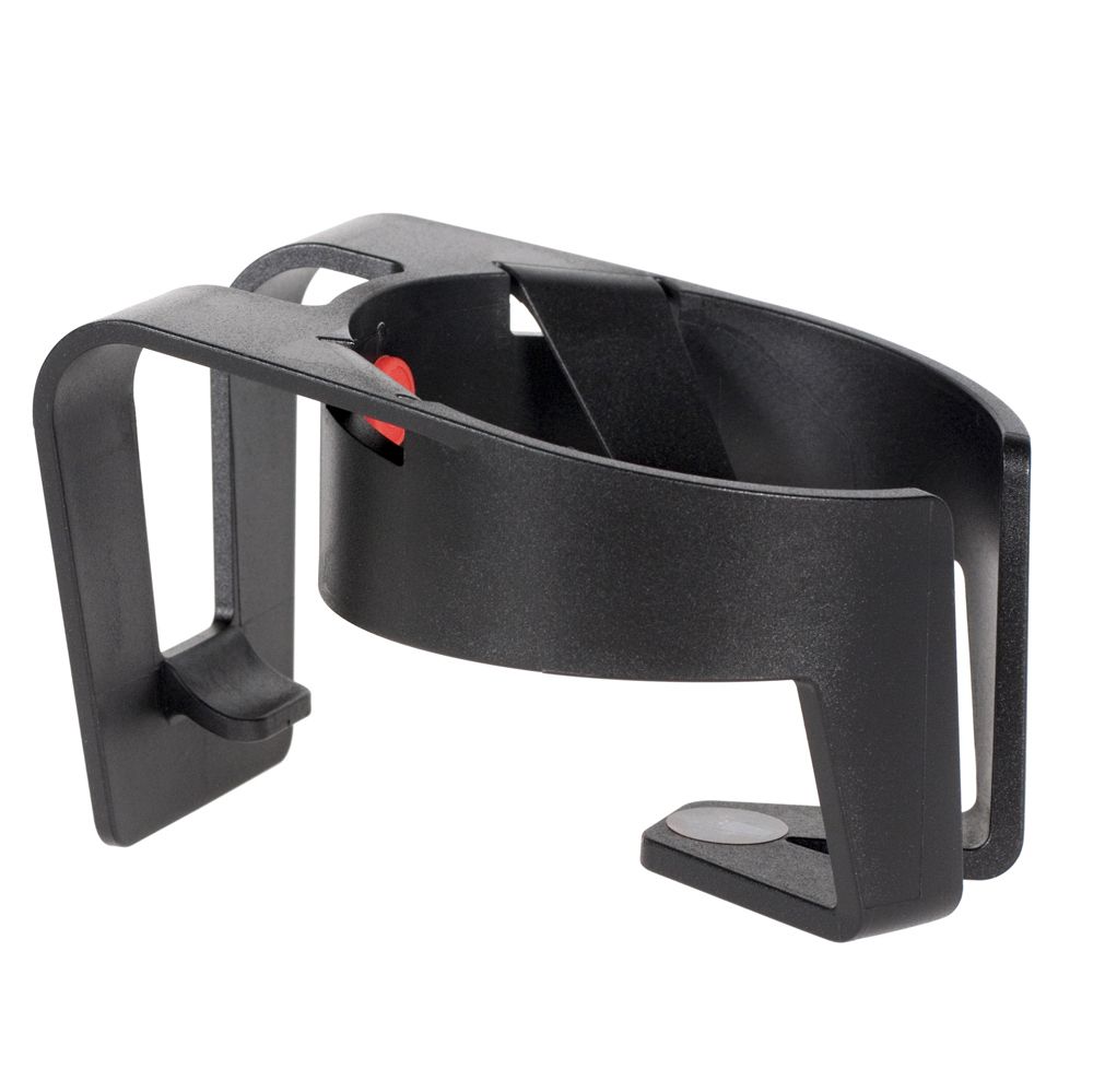 Schwarzer Becherhalter. Kunststoff. Runde Halterung mit Halterung für den Rahmen. Roter Knopf. Seitliche Halterung.