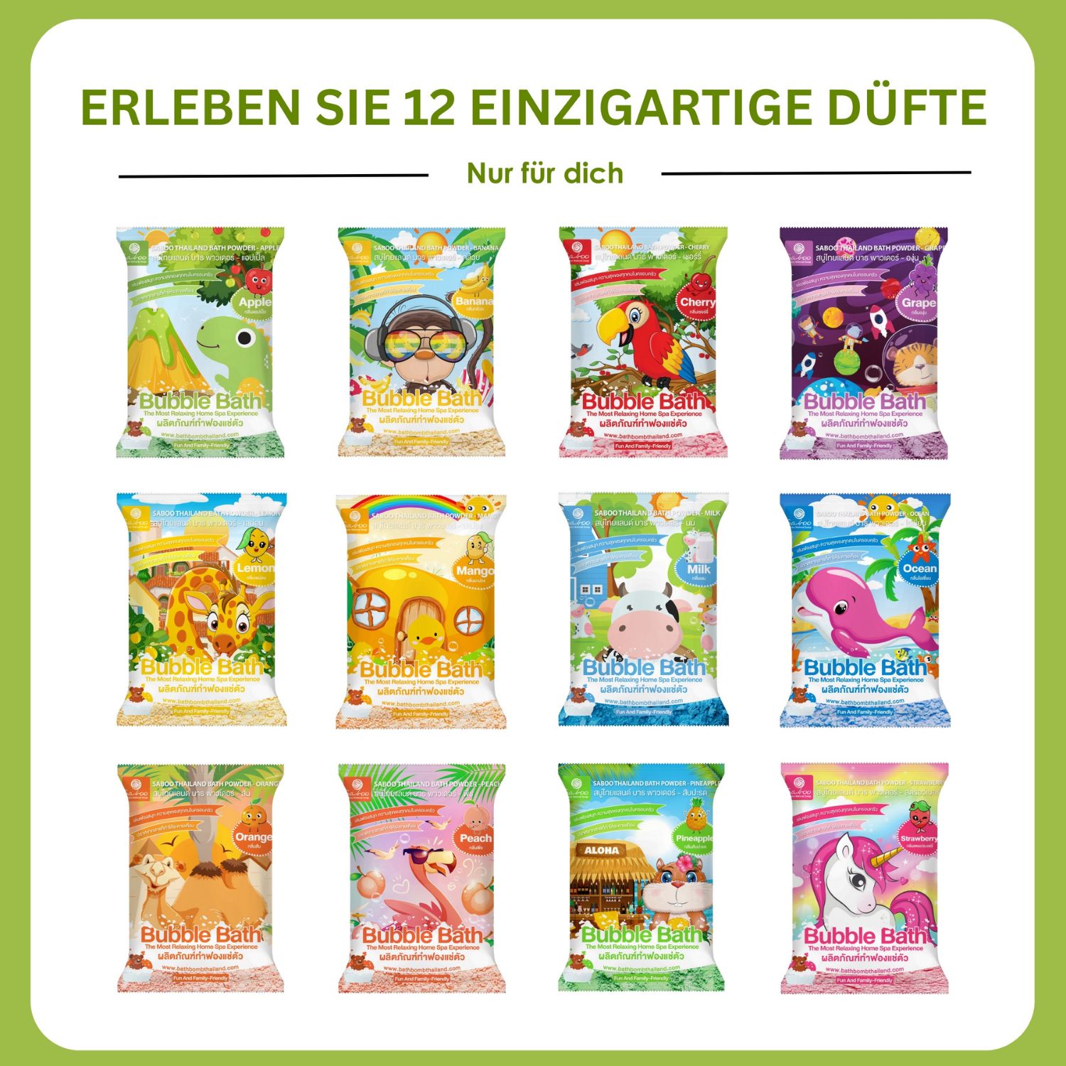 Verschiedene Badeschaumpulver-Verpackungen. Jede mit unterschiedlichem Design und Duft.