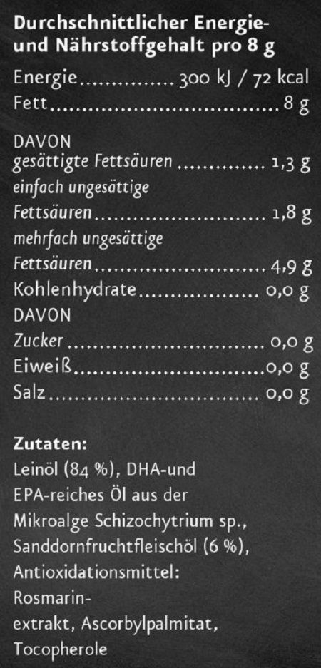 Nährwerttabelle mit Informationen zu Energie, Fett, Fettsäuren, Kohlenhydraten, Zucker, Eiweiß und Salz. Zutatenliste: Leinöl, Sanddorn.