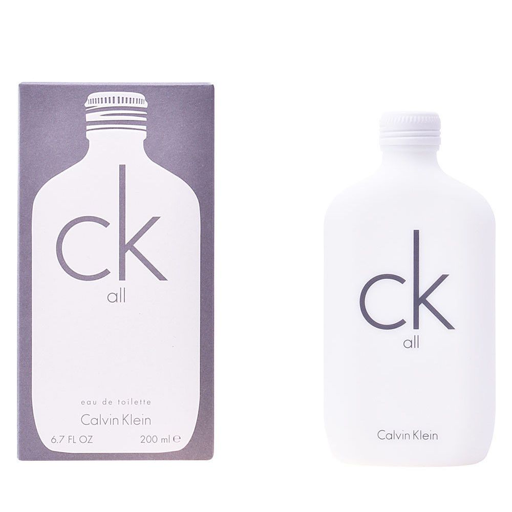 Weißes Parfumflakon und Schachtel. Aufschrift "ck all" und "Calvin Klein". Flakon mit Schraubverschluss.