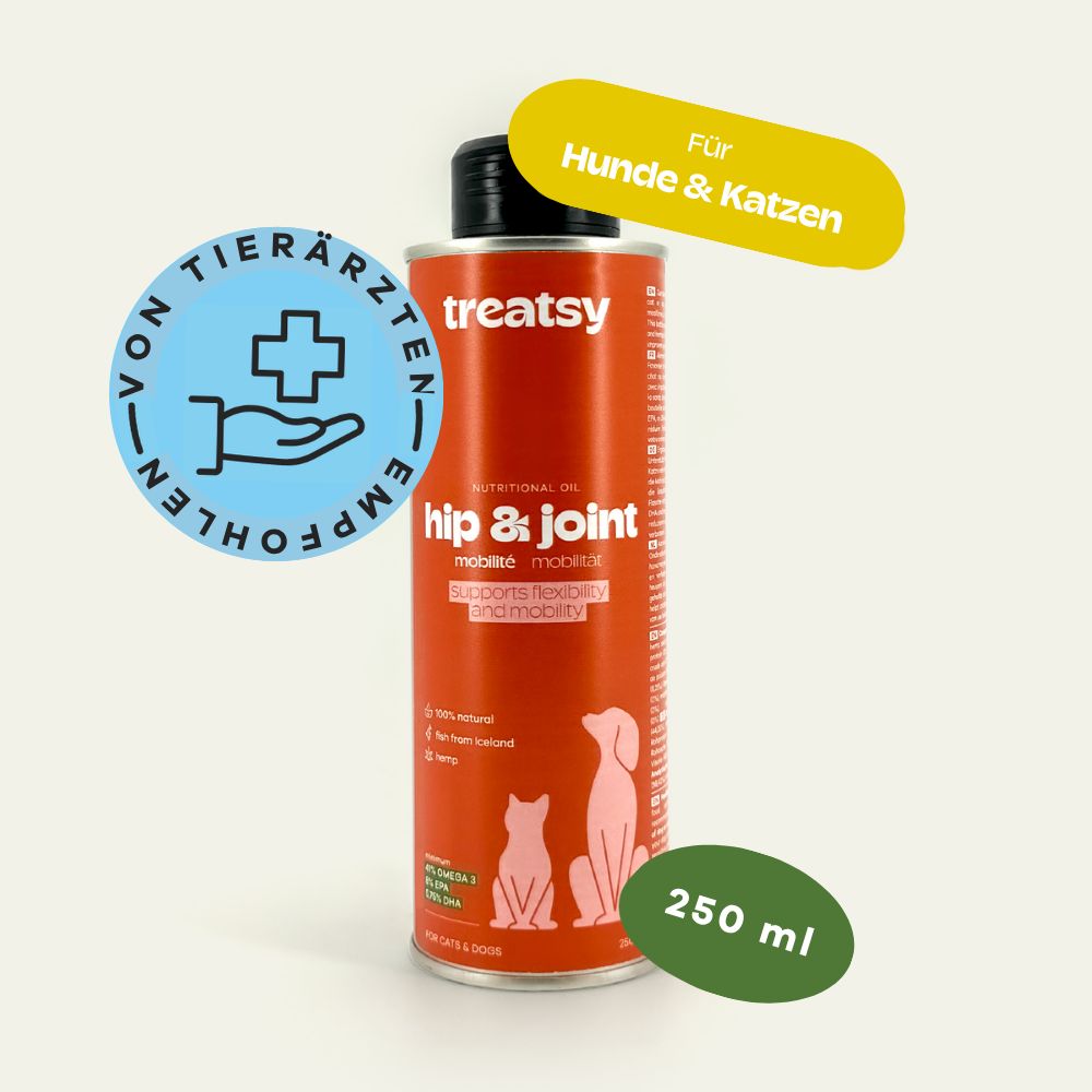 Orangefarbene Flasche mit schwarzem Deckel. Aufschrift: Treatsy, hip & joint, Mobilität. Illustrationen von Katze und Hund. Label: Für Hunde & Katzen.