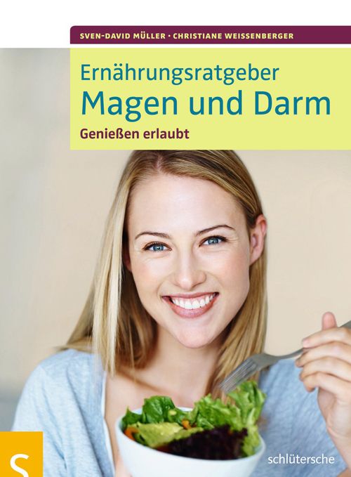 Buchcover mit Titel: Ernährungsratgeber Magen und Darm. Frau mit Salat. Autorennamen und Verlagsschriftzug.