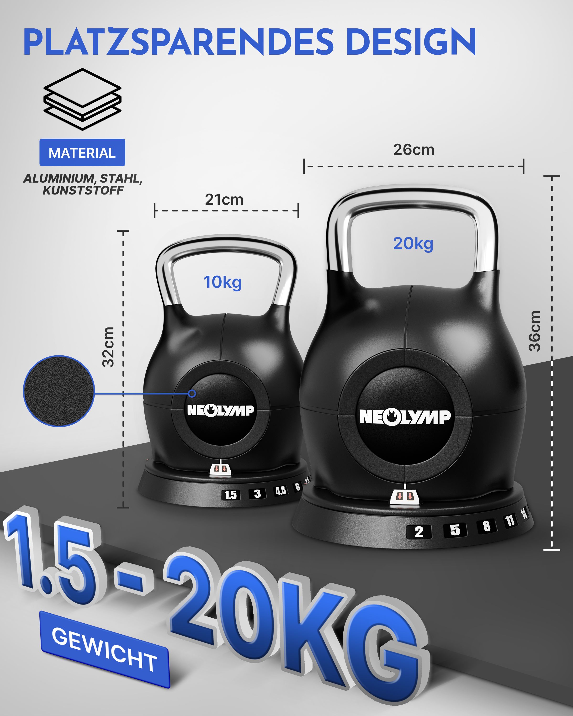 Zwei schwarze Kettlebells mit Gewichtsangaben. Der kleinere Kettlebell hat 10 kg, der größere 20 kg. Abmessungen und Materialangaben sind sichtbar.