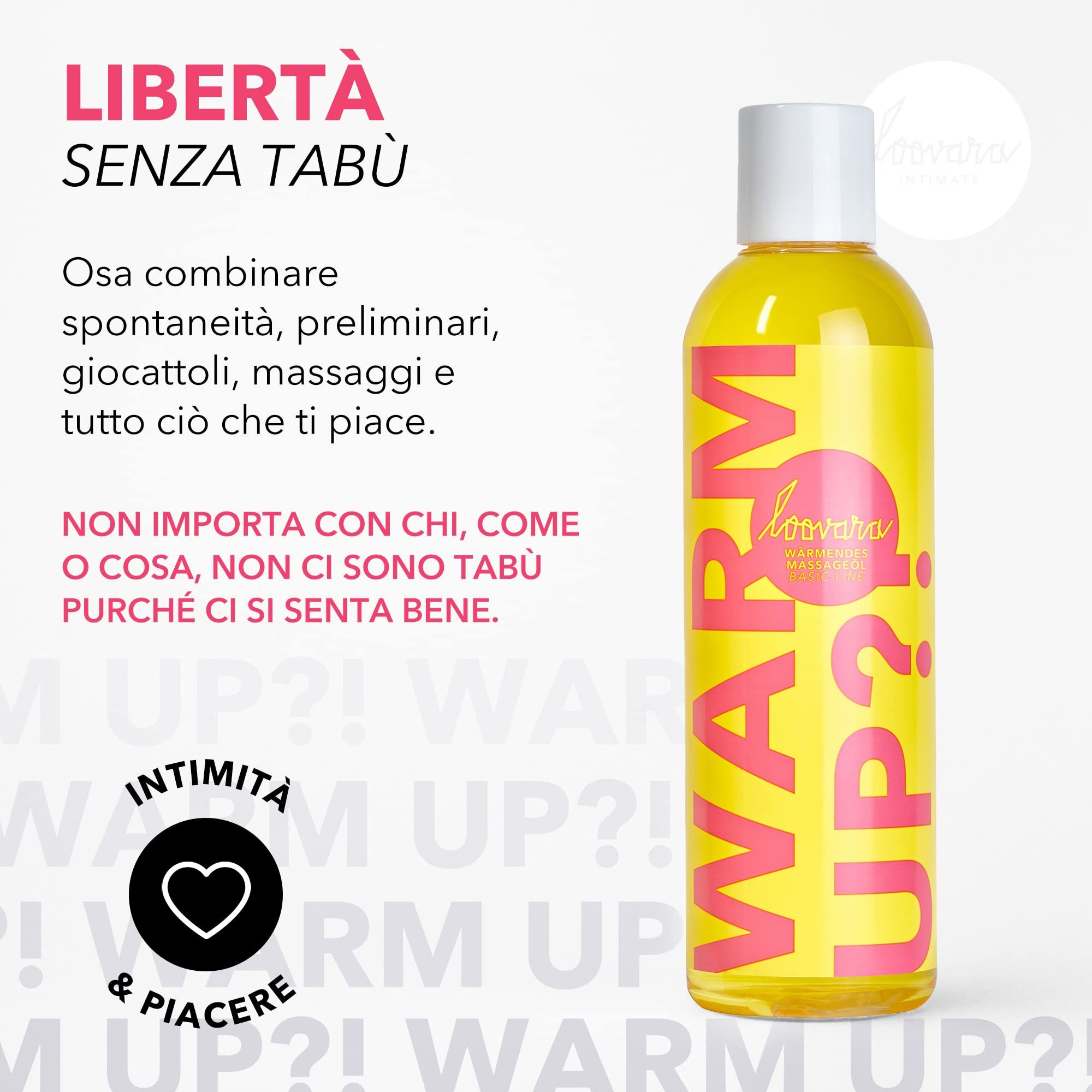 Flasche Loovara Warm Up Massageöl mit gelbem Etikett, umgeben von Öl-Spritzern.
