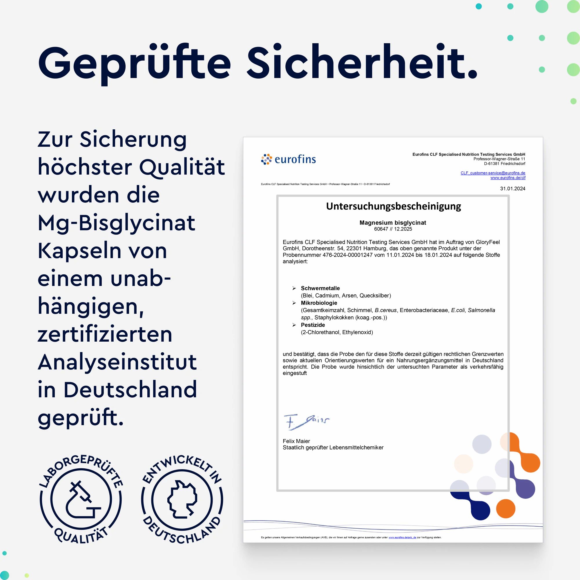 Zertifikat von Eurofins. Text: Geprüfte Sicherheit. Text über die Prüfung der Mg-Bisglycinat Kapseln durch ein unabhängiges Institut.