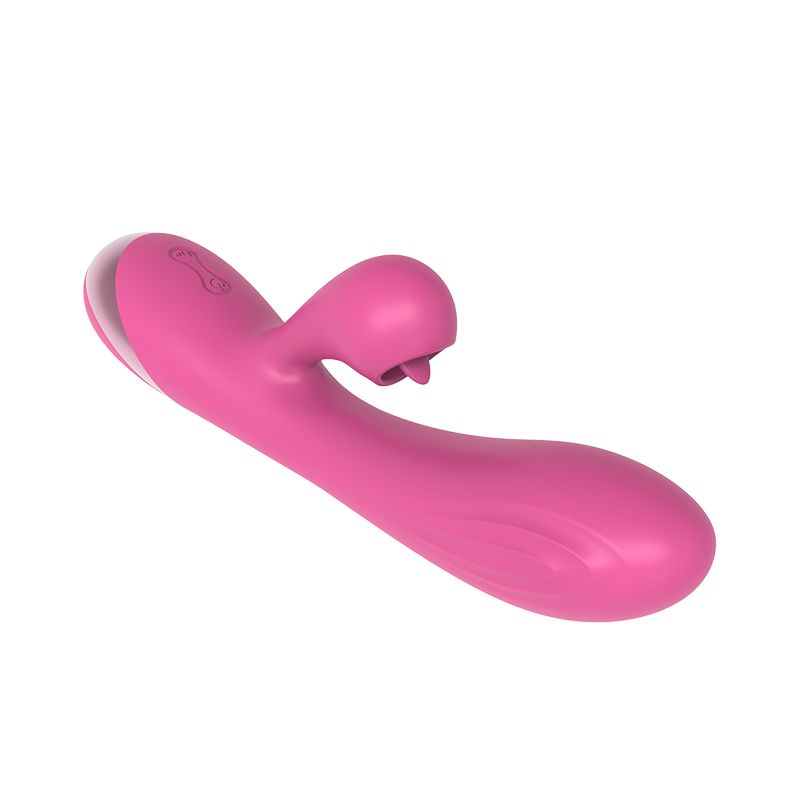 Rosa Vibrator mit G-Punkt- und Kaninchen-Design. Mit abgerundeter Spitze und einem kleineren, gebogenen Teil.