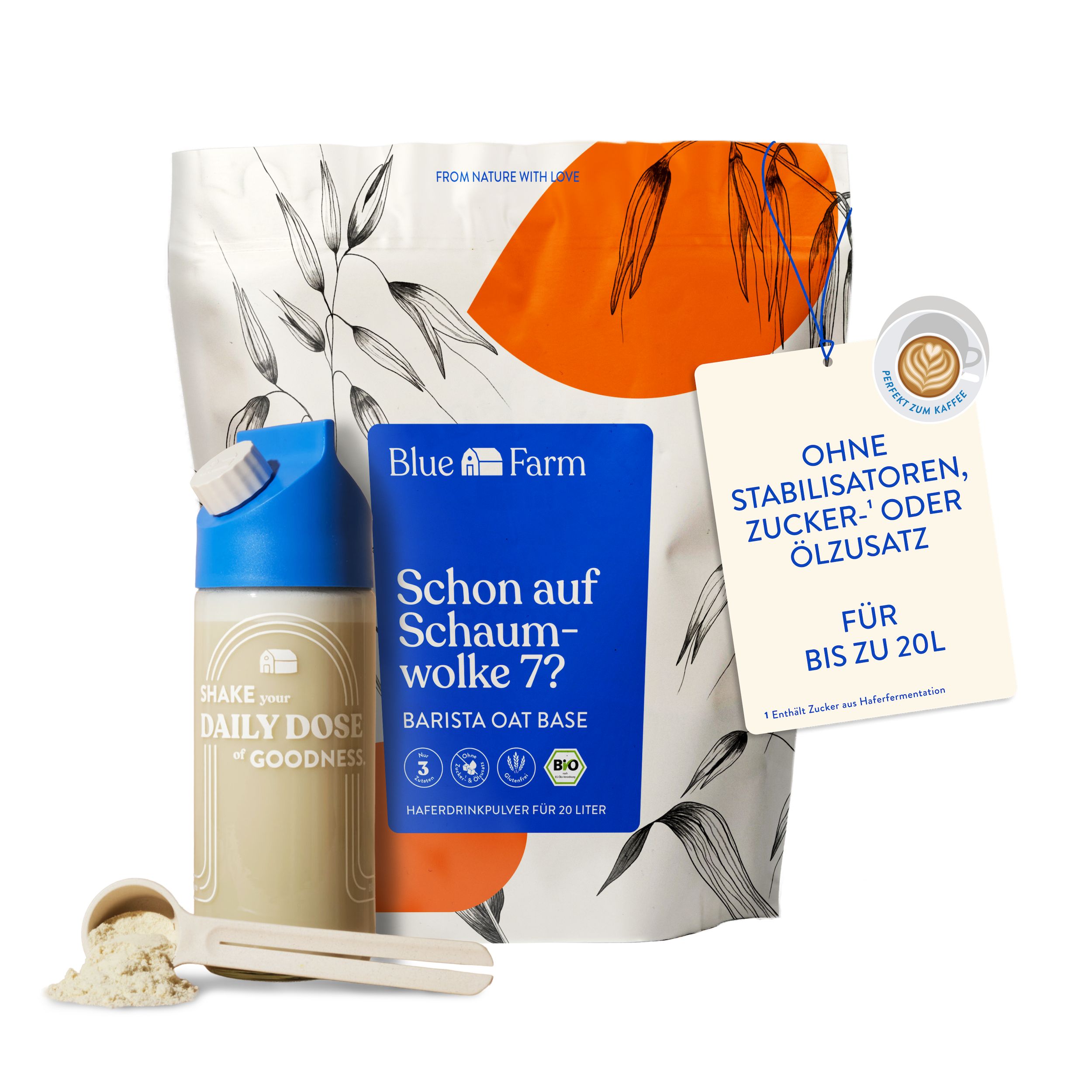Produktverpackung mit Barista Oat Base, Shaker, Messlöffel und Etikett. Enthält Bio-Zertifizierung.