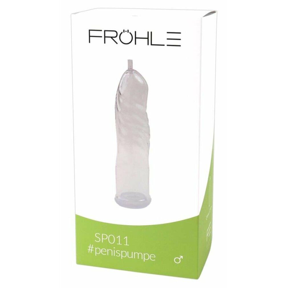 Produktverpackung mit transparentem Zylinder. Marke FRÖHLE, Modell SP011, Hashtag #penispumpe, grüner Akzent.