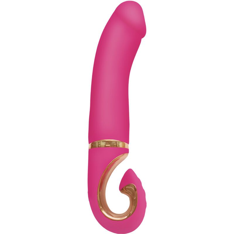 Pinkfarbener Silikonvibrator mit goldfarbenen Akzenten. Gebogene Form.
