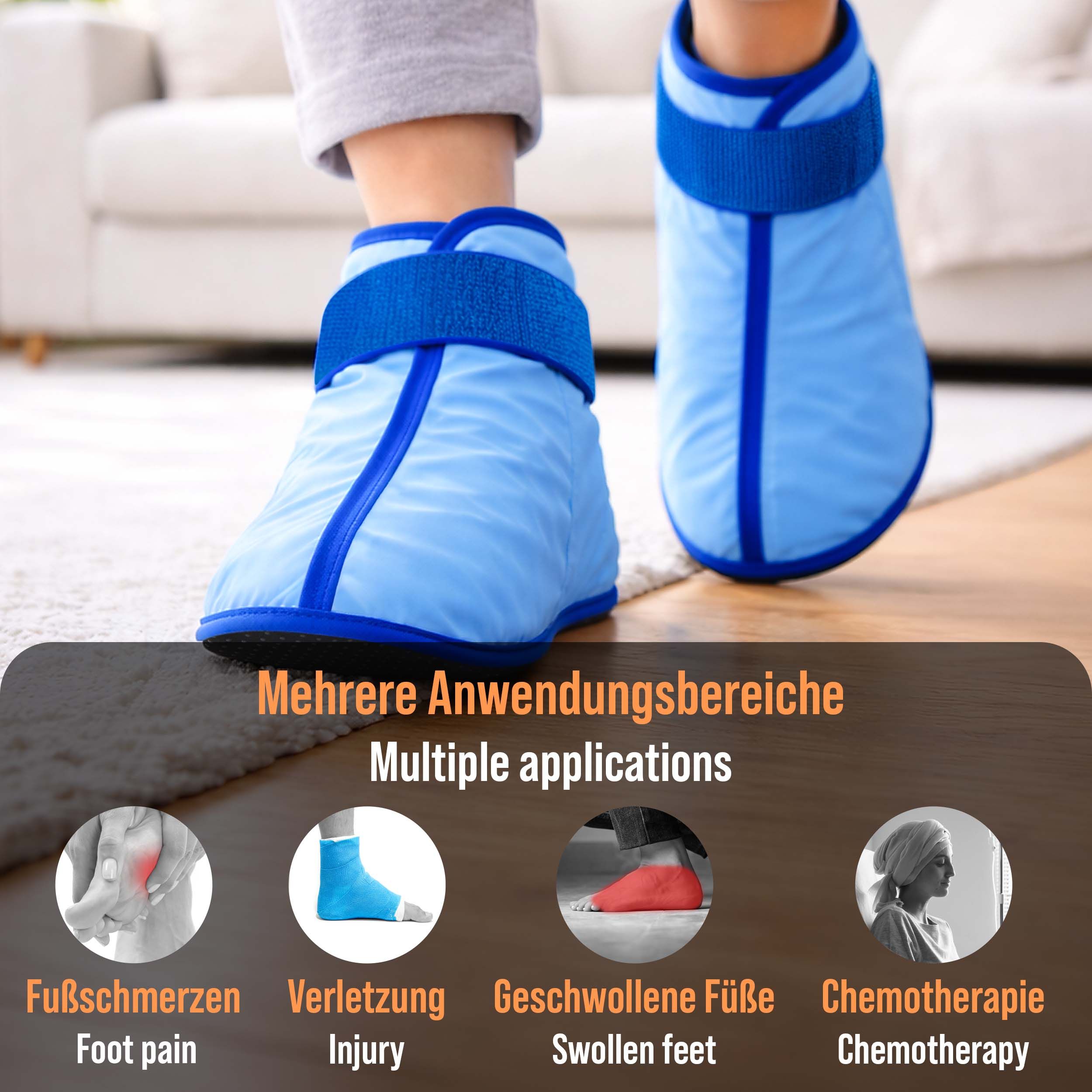 Personen tragen blaue Kühl- und Wärme-Stiefel. Illustrationen zeigen Anwendungen: Fußschmerzen, Verletzungen, geschwollene Füße, Chemotherapie.