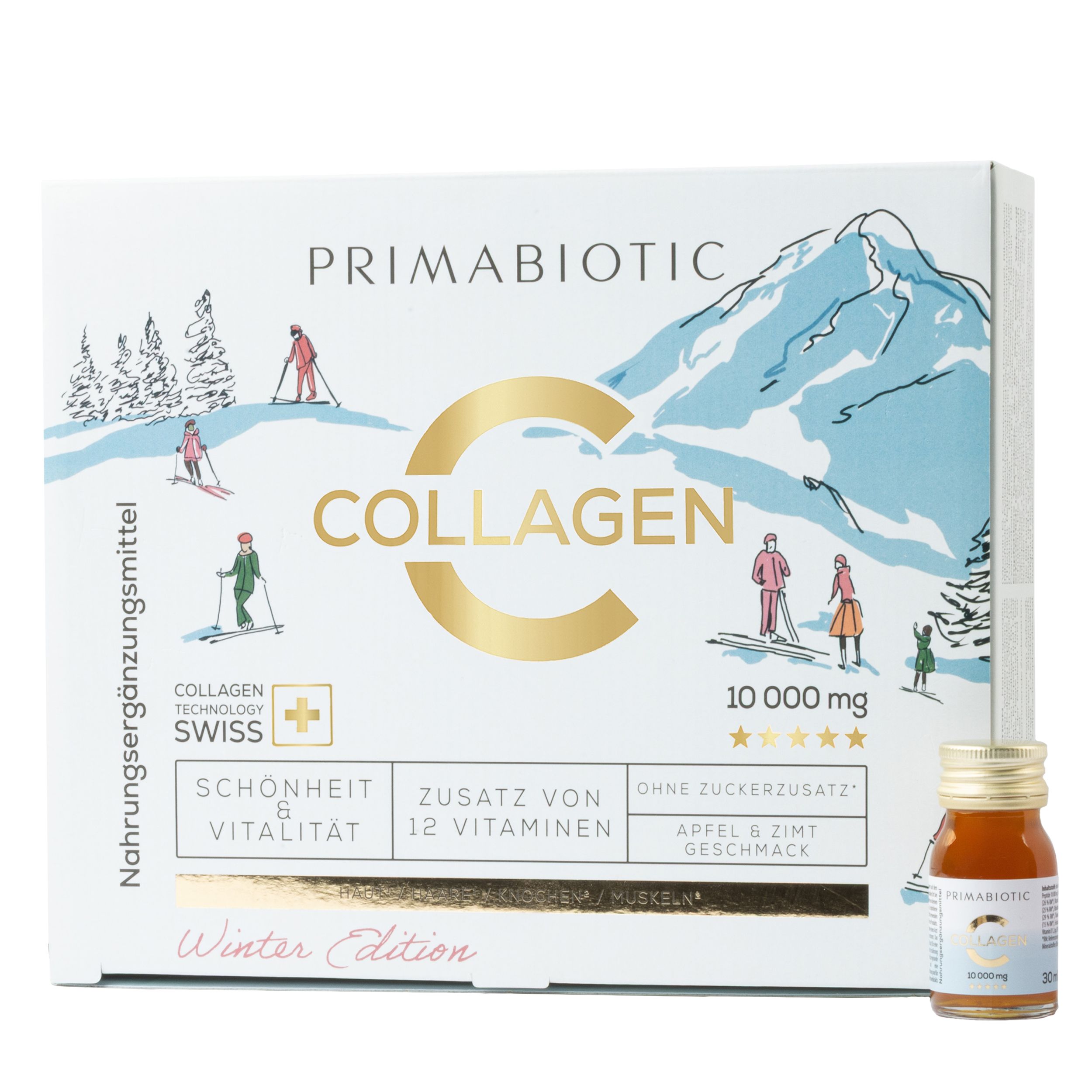 Karton mit Aufschrift Primabiotic Collagen, Winter Edition. Kleine Flasche daneben. Text: 10.000 mg, 12 Vitamine.